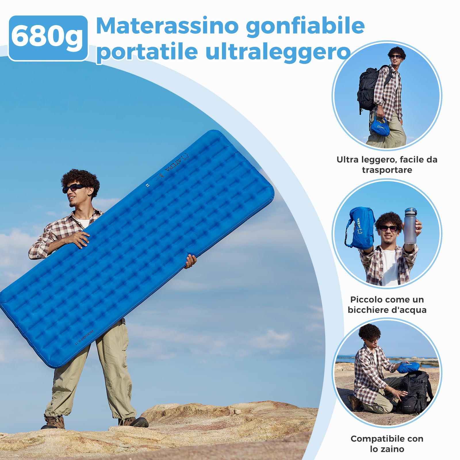 ATEPA Ultraleggero Gonfiabile Materassino da Campeggio Singolo Spessore 11 cm Materassino gonfiabile Compatto Materassino da Campeggio 20D Nylon Impermeabile per Escursionismo Backpacking