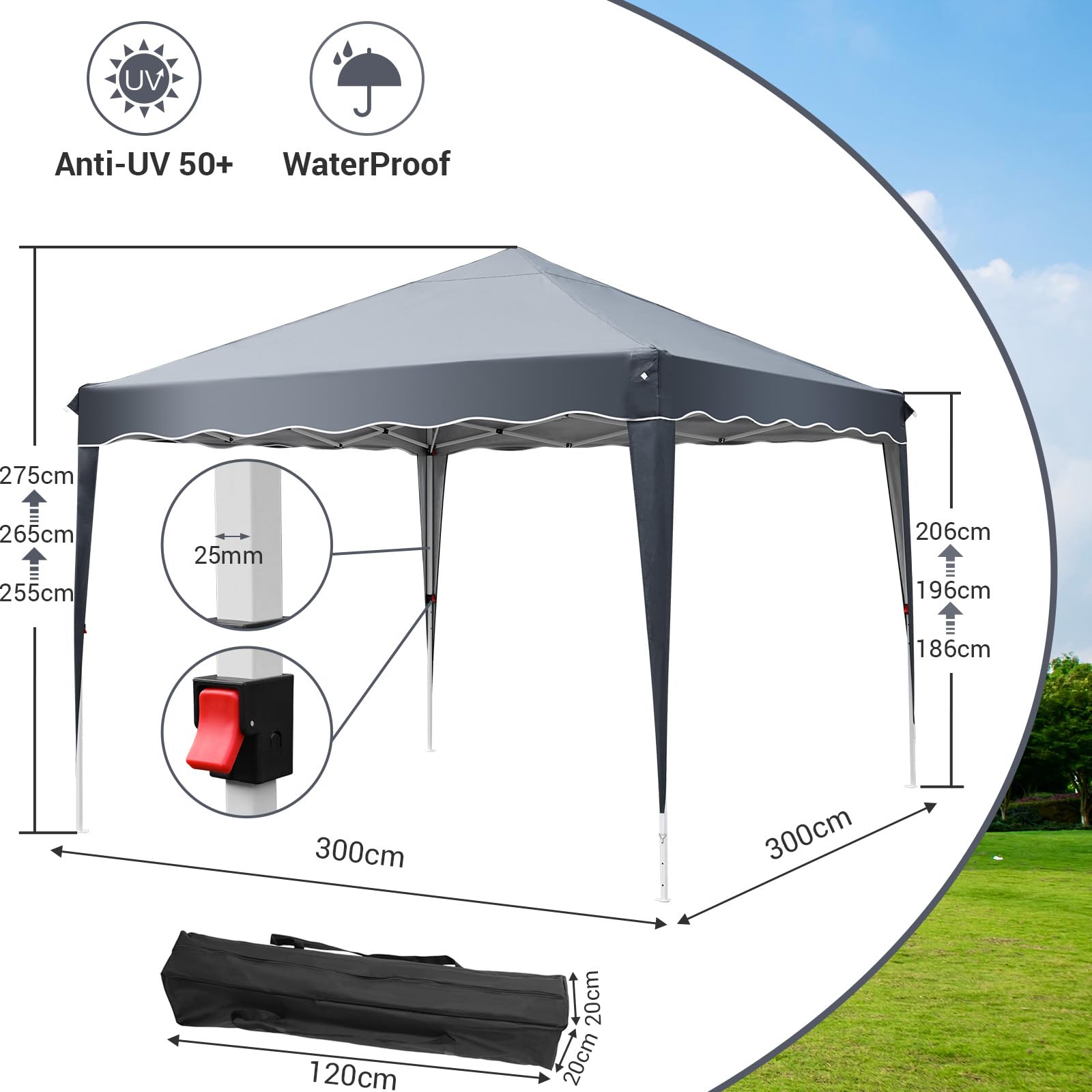 LIFERUN Tonnelle Jardin Pliable 3x3 m, imperméable, Stable, résistante à l'hiver, Tente Pliable, Tente Pliante avec 4 PCS Sac de Sable, Protection UV 50+ pour Le Camping Gris