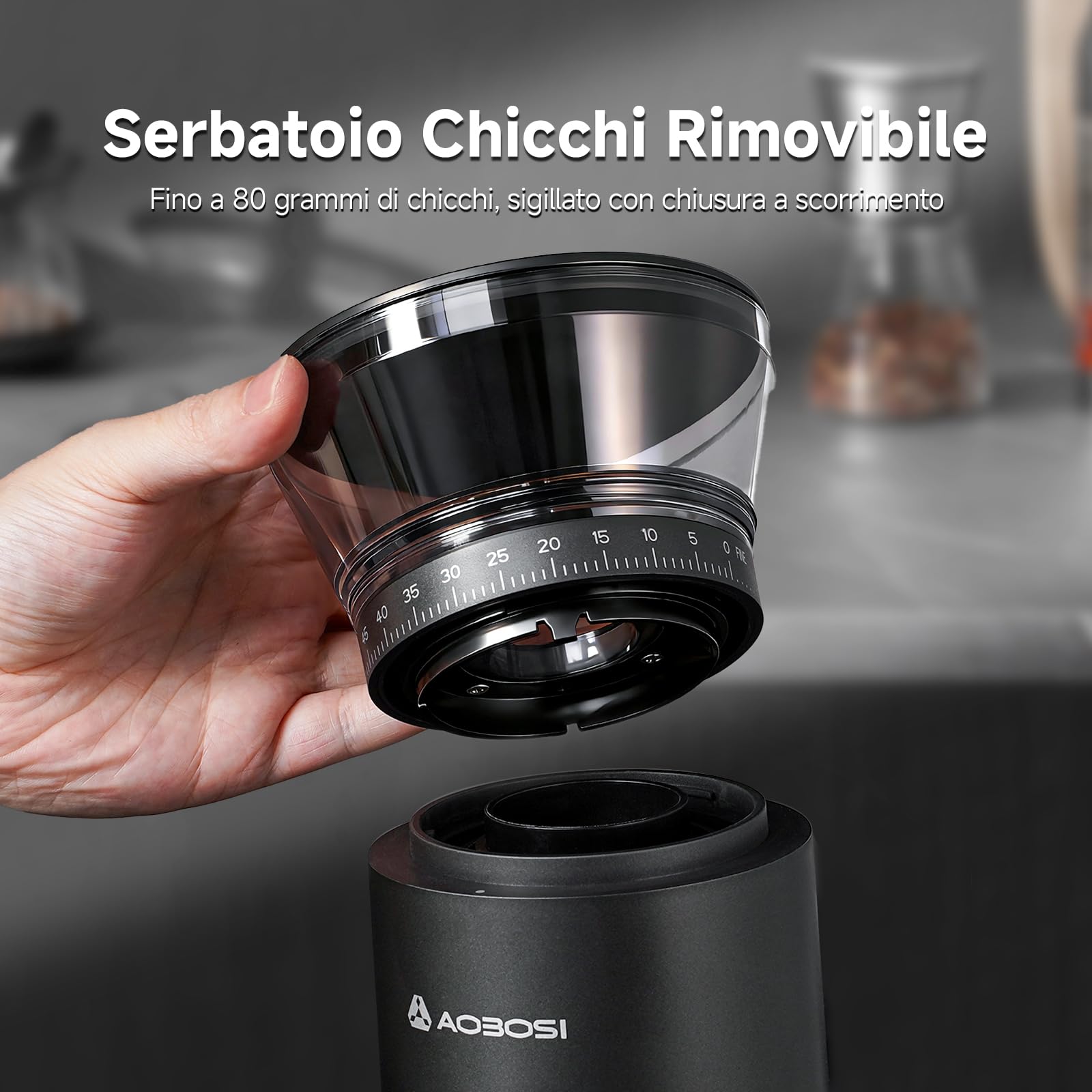 AAOBOSI Macina Caffe' Elettrico, Macina Caffè Professionale 110W, Batteria 2600mAh, Macinacaffè Portatile con 60 Livelli di Macinatura, Include Portafiltro per Macchine da Caffè Espresso
