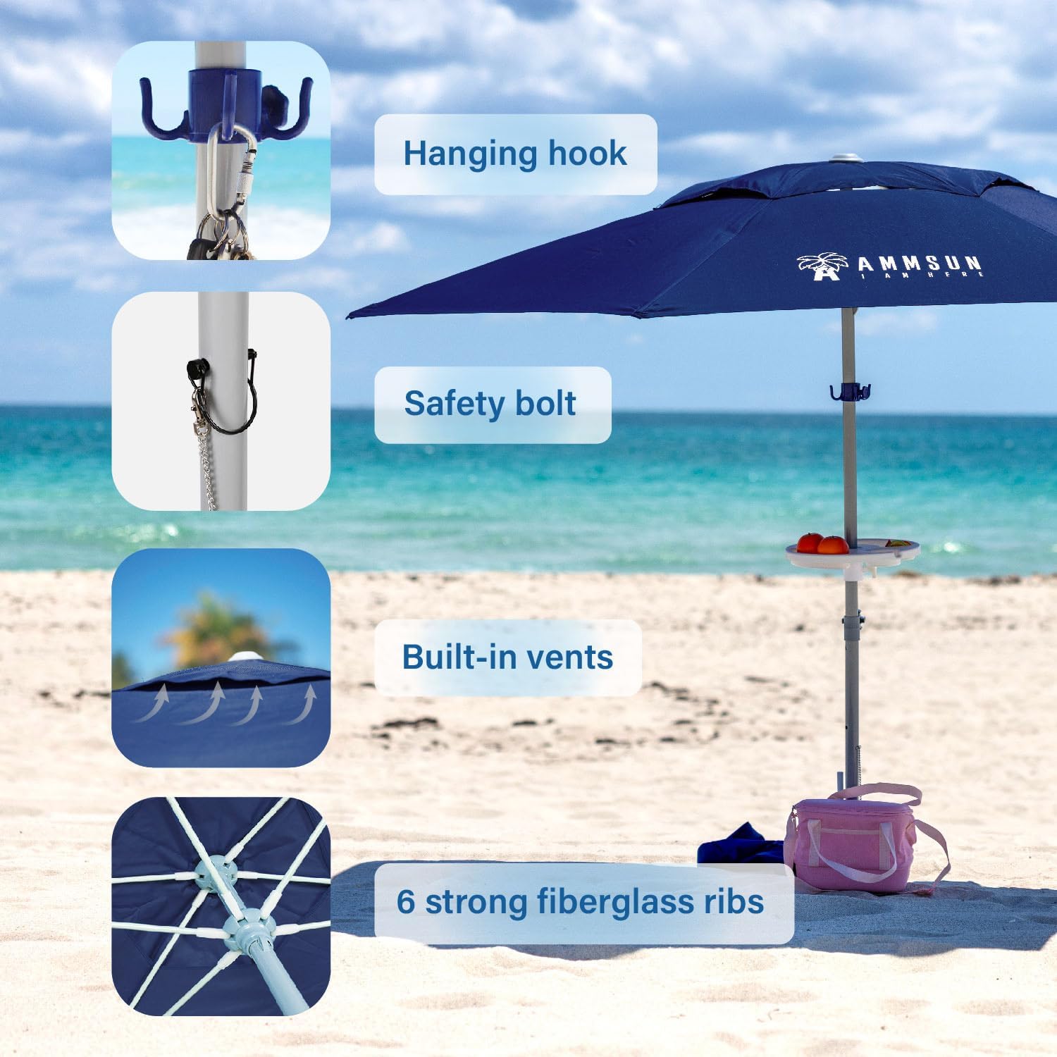 AMMSUN 8ft Large Beach Umbrellas for Sand Heavy Huty Wind Portable Commercial Grade Patio Beach Umbrella with Sand Anchor Hanging Hook Weight Sandbag Adjustable Height Air Vent UPF 50+ Telescoping Pole without tilt Navy