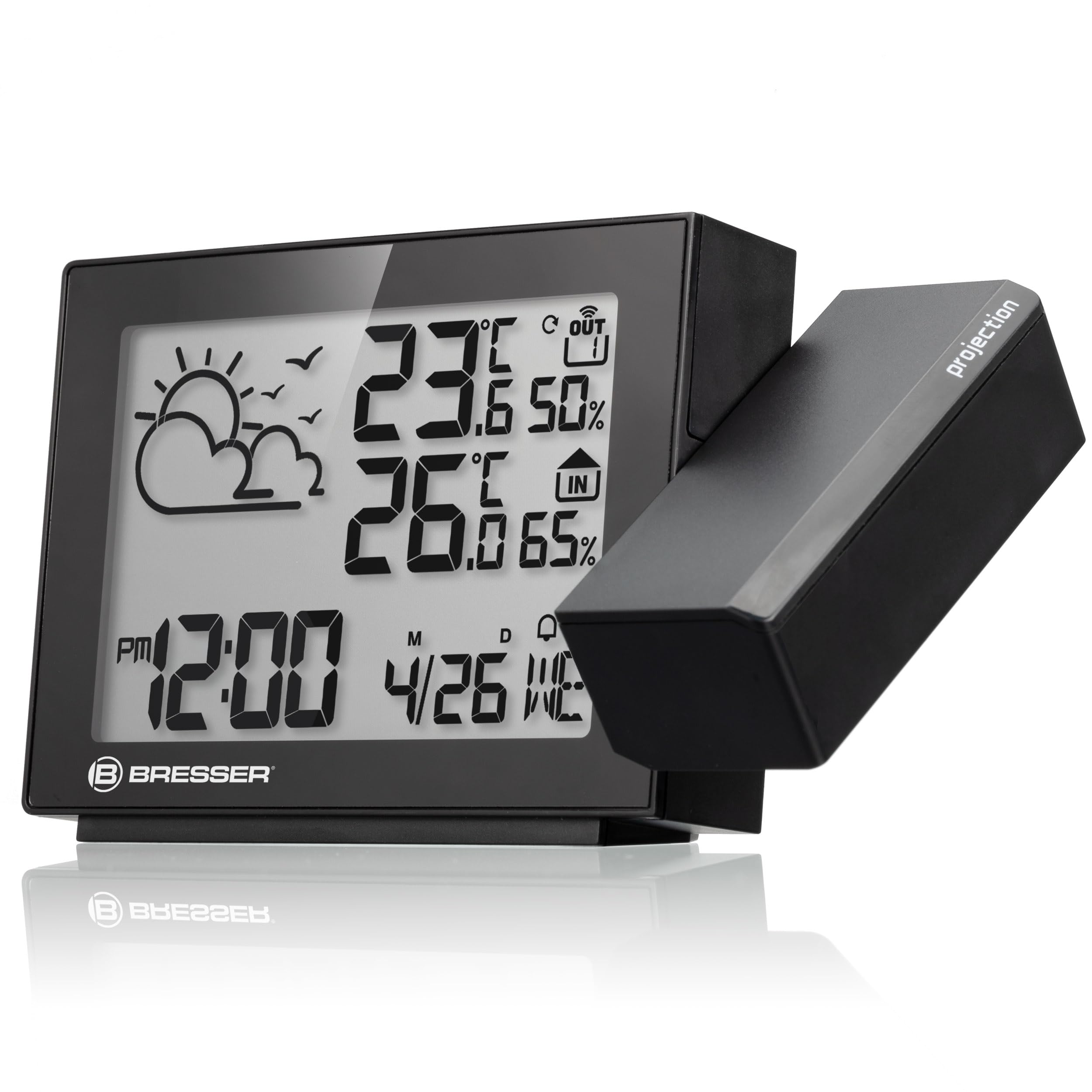 Bresser MeteoTemp P Stazione meteo con sensore esterno, proiezione | Temperatura interna ed esterna, umidità, previsioni meteo, proiezione, avviso gelo, sveglia, fino a 3 sensori