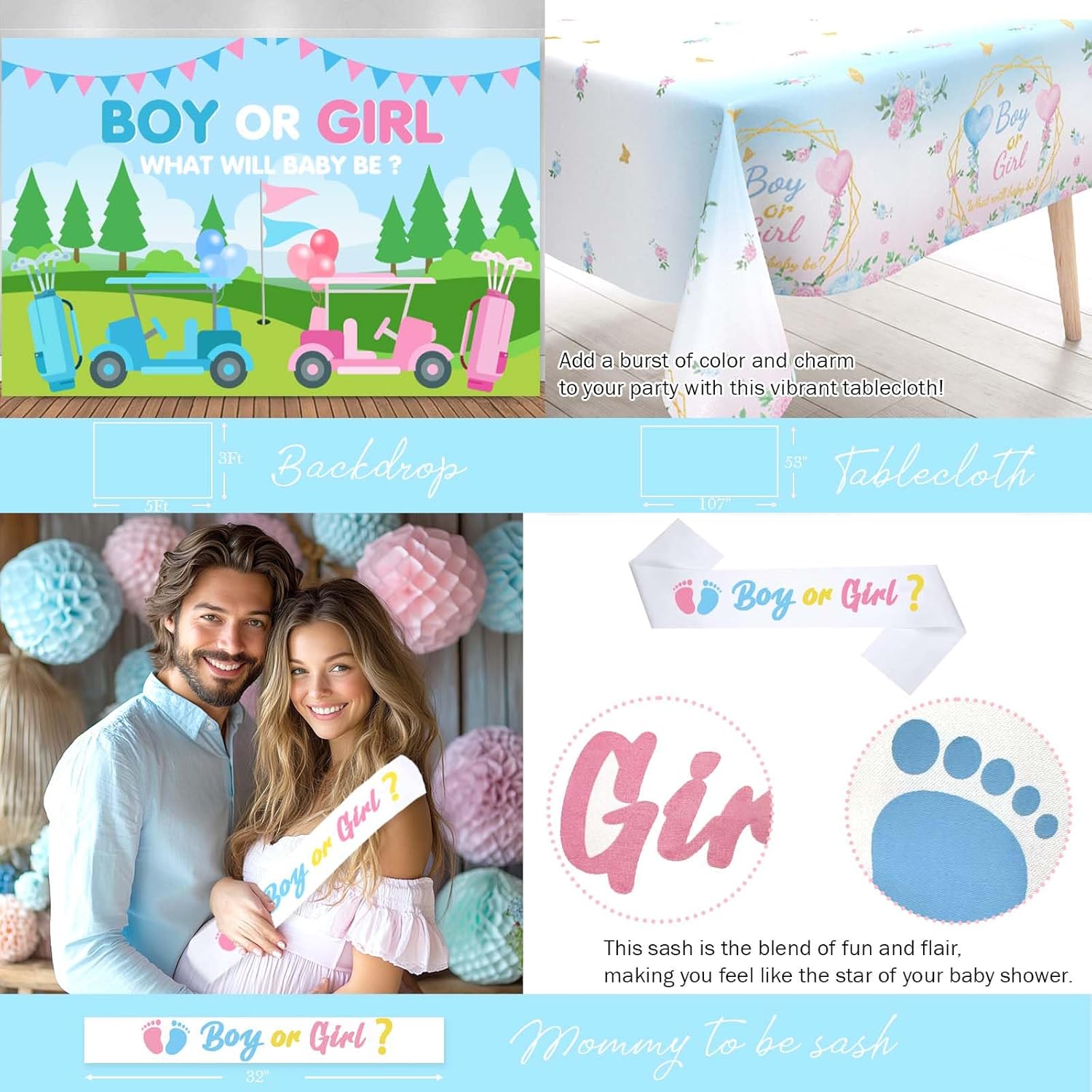 Golf Gender Reveal Decorations, Baby Boy or Girl Gender Reveal Party Decor, Golf Club Putters Backdrop Balloon Banner Tablecloth Box Sash for Caddie Be Gender Reveal Supplies