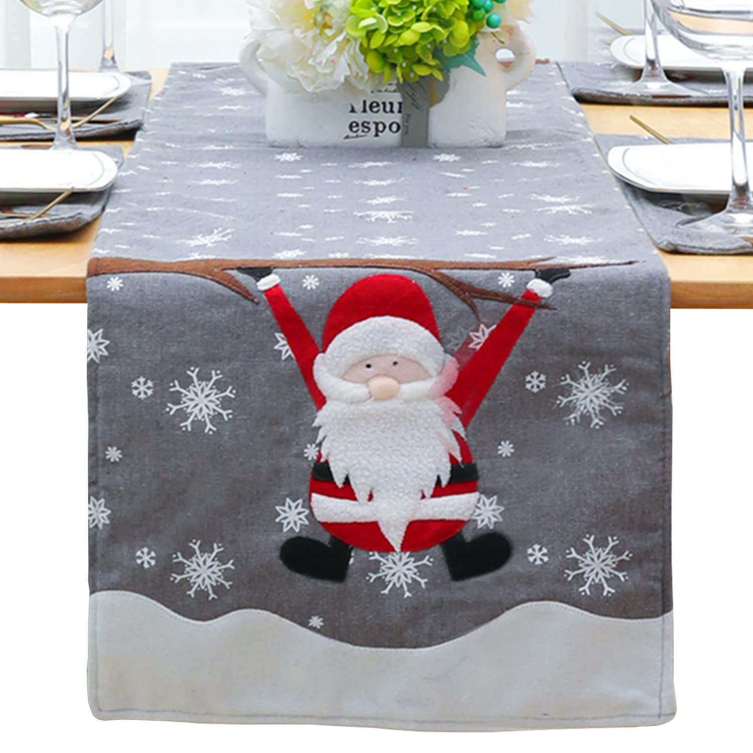Arabest Christmas Placemats, Cotton Burlap Buffalo Embroidered Snowman Plaid Placemats Grey Table Mats for Kitchen Holiday Christmas Table Decorations (Table runner)