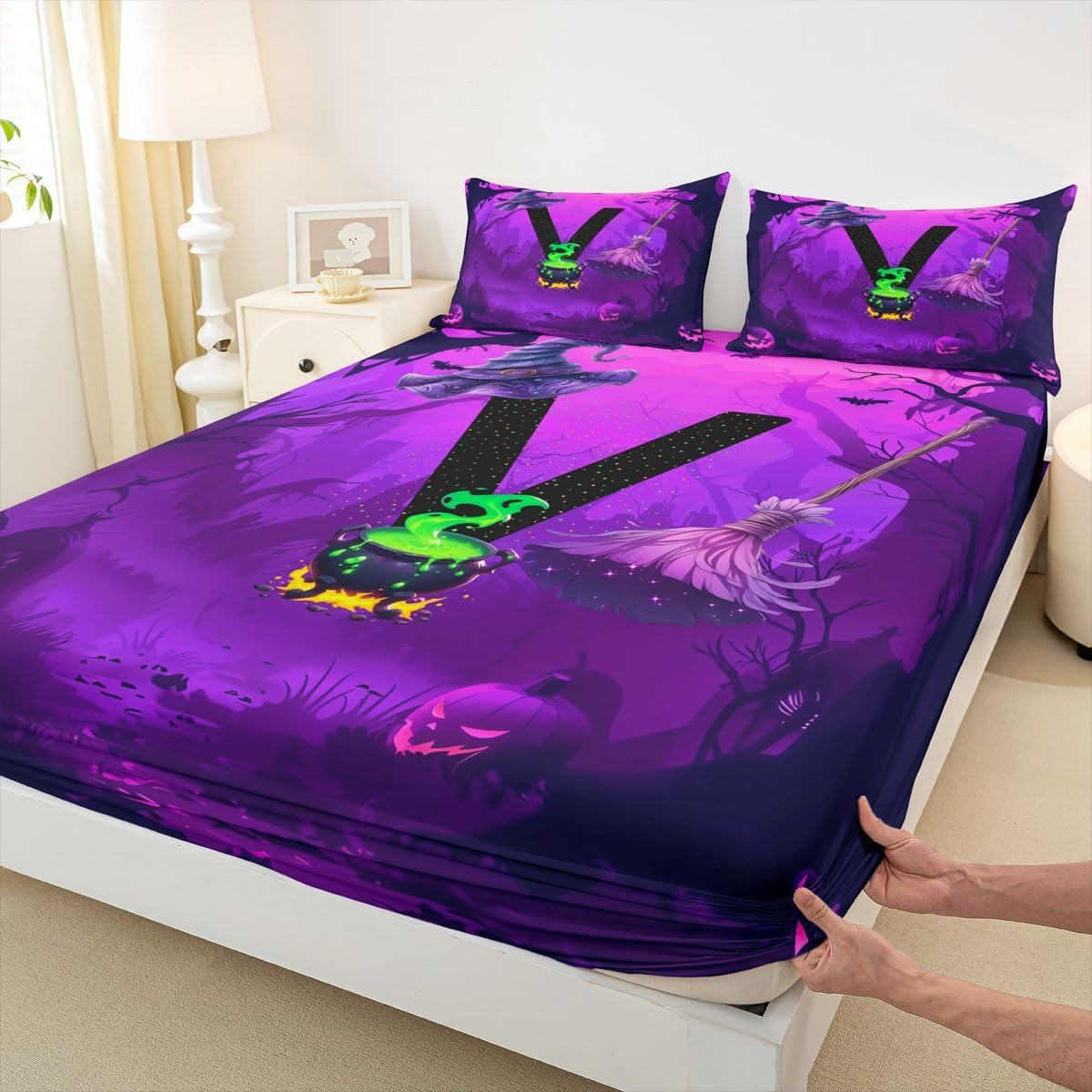 Erosebridal Halloween Letter V Sheet Set Gothic Full Size Bed Sheets for Toddler Boys,Initial A-Z Letter Personalized Monogrammed Purple Bedding Set