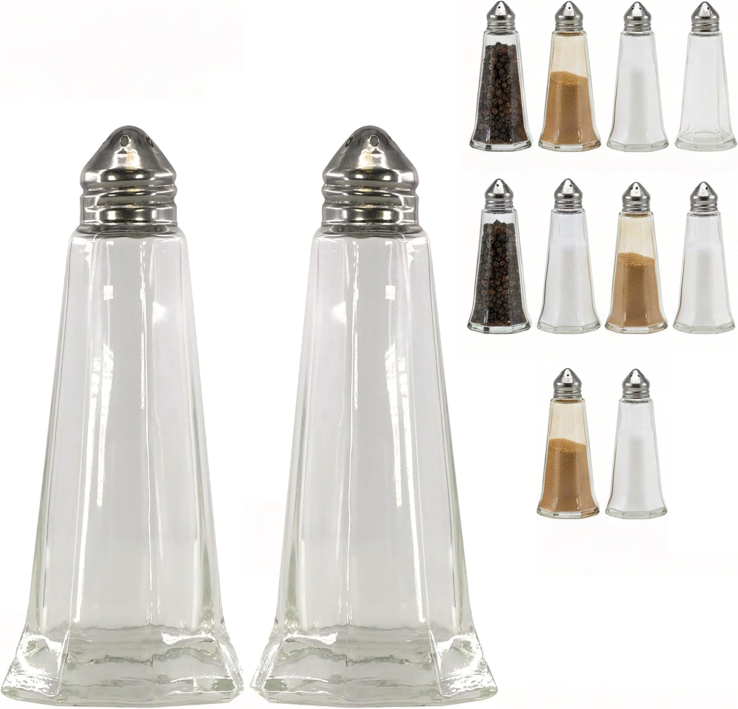 GEEZY Pack of 12 Glass Salt and Pepper Shakers - Classic Restaurant Style Condiment Pots - Transparent Refillable Spice Dispensers with Metal Screw Top Lids for Cafe, Diner, Pub & Catering