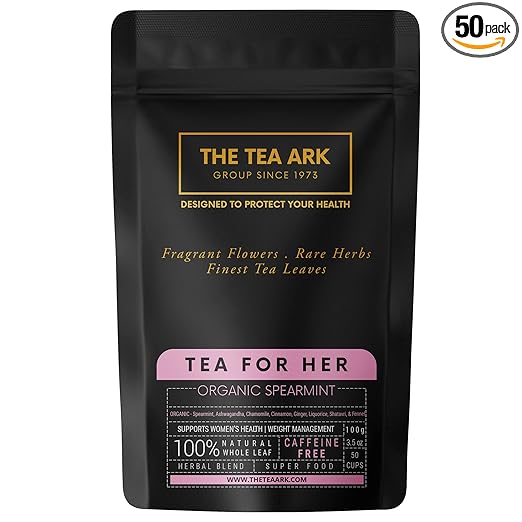 Organic Spearmint Tea for PCOS PCOD, Herbal Tea for Women with (Shatavari & Fennel) Caffeine Free, Hormonal Balance, Reduce Unwanted Hair, Clear Acne (50 Cups),100 Grams (Pouch)