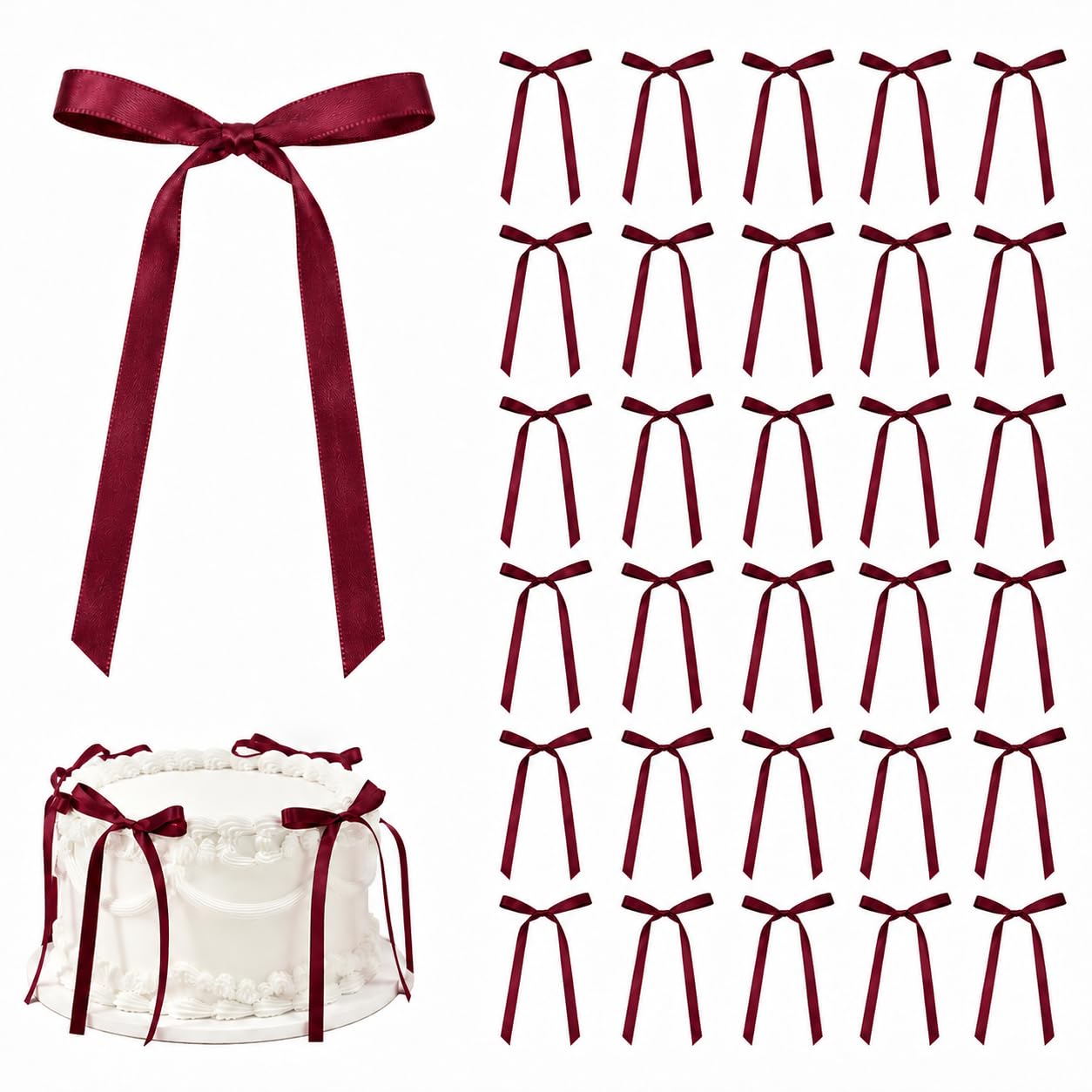 30 Pack Burgundy Red Ribbon Bow Cake Toppers Birthday Decorations Coquette Bow Cupcake Toppers for Cake Dessert Wedding Bridal Balloon Wall Party Supplies