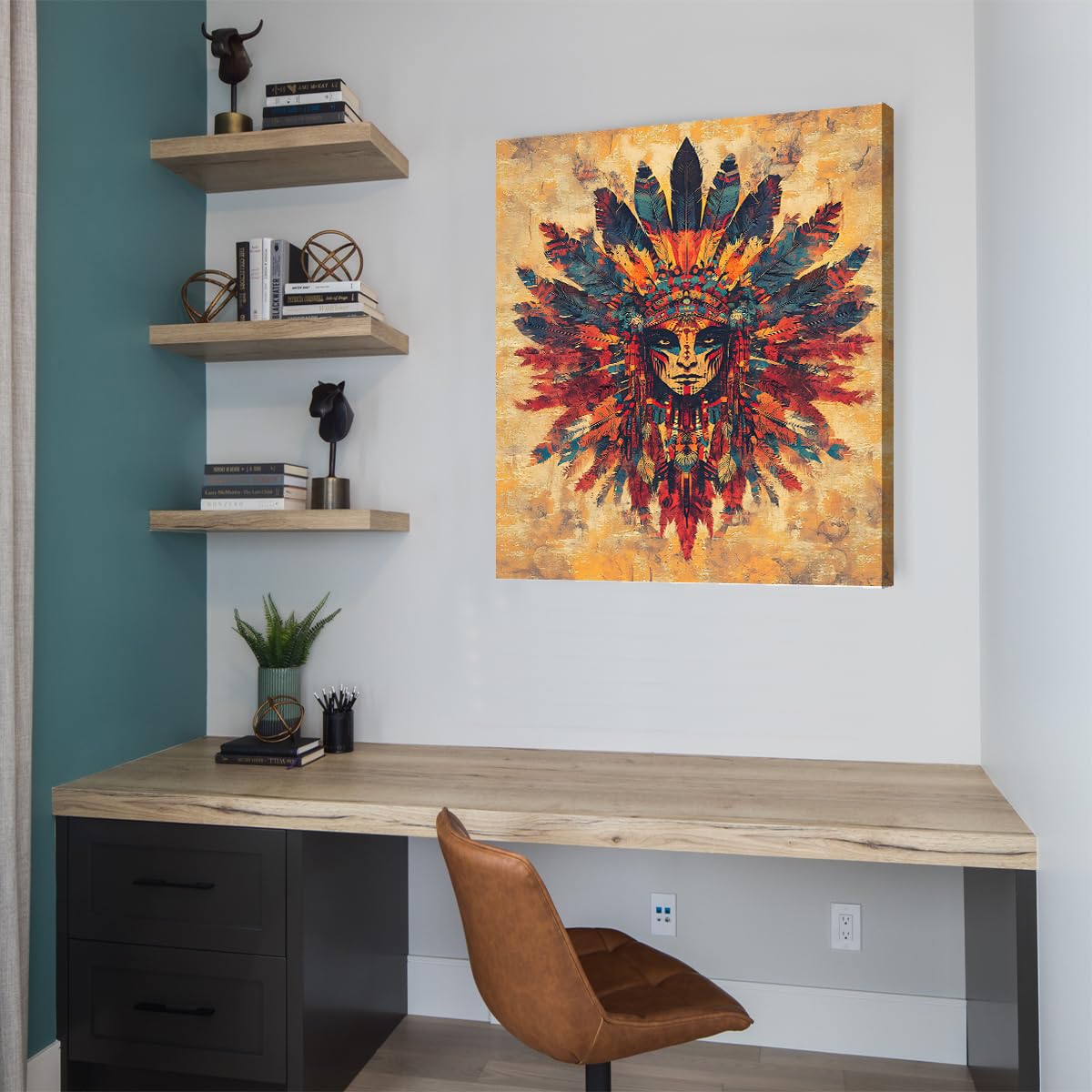 YUNART Wandkunst der amerikanischen Ureinwohner Vintage neutrale Federleinwand Stammesthema Malplakat für Wohnzimmer Schlafzimmer Wohndeko 80x105cm Innenrahmen