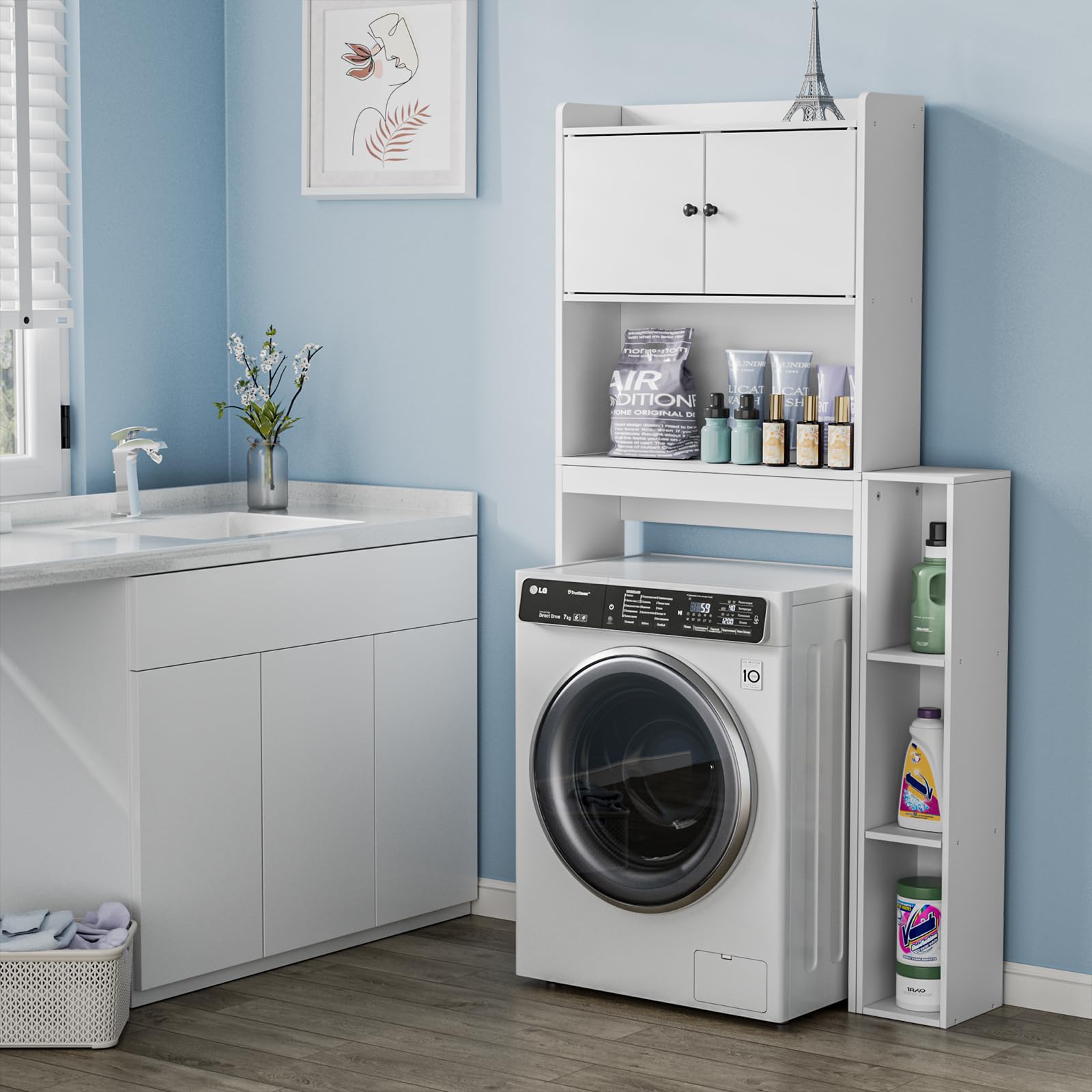 Waschmaschinenschrank mit 2 Türen - Weißer Badezimmerschrank 20x84x160 cm mit verstellbarem Einlegeboden & Seitenfach, 6 Fächer für Waschküche, Toilette & Bad
