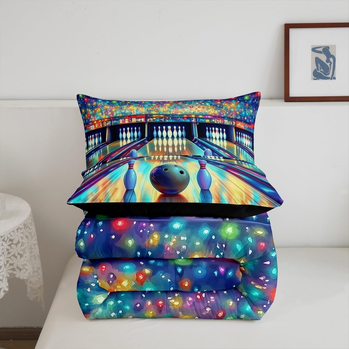Manfei Bowling Sports Comforter Set Queen Size,Fashion Chic Sporting Ball Game Bedding Set for Teens Adults,Colorful Neon Lights Glitter Bowling Field Modern Down Comforter,3 Pcs 2 Pillowcases