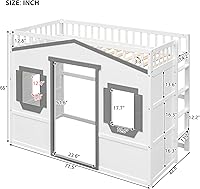 Vista 74 de Cama tipo loft de techo de casa de tamaño matrimonial con escalera, marco de cama de madera que ahorra espacio con barandilla y ventana