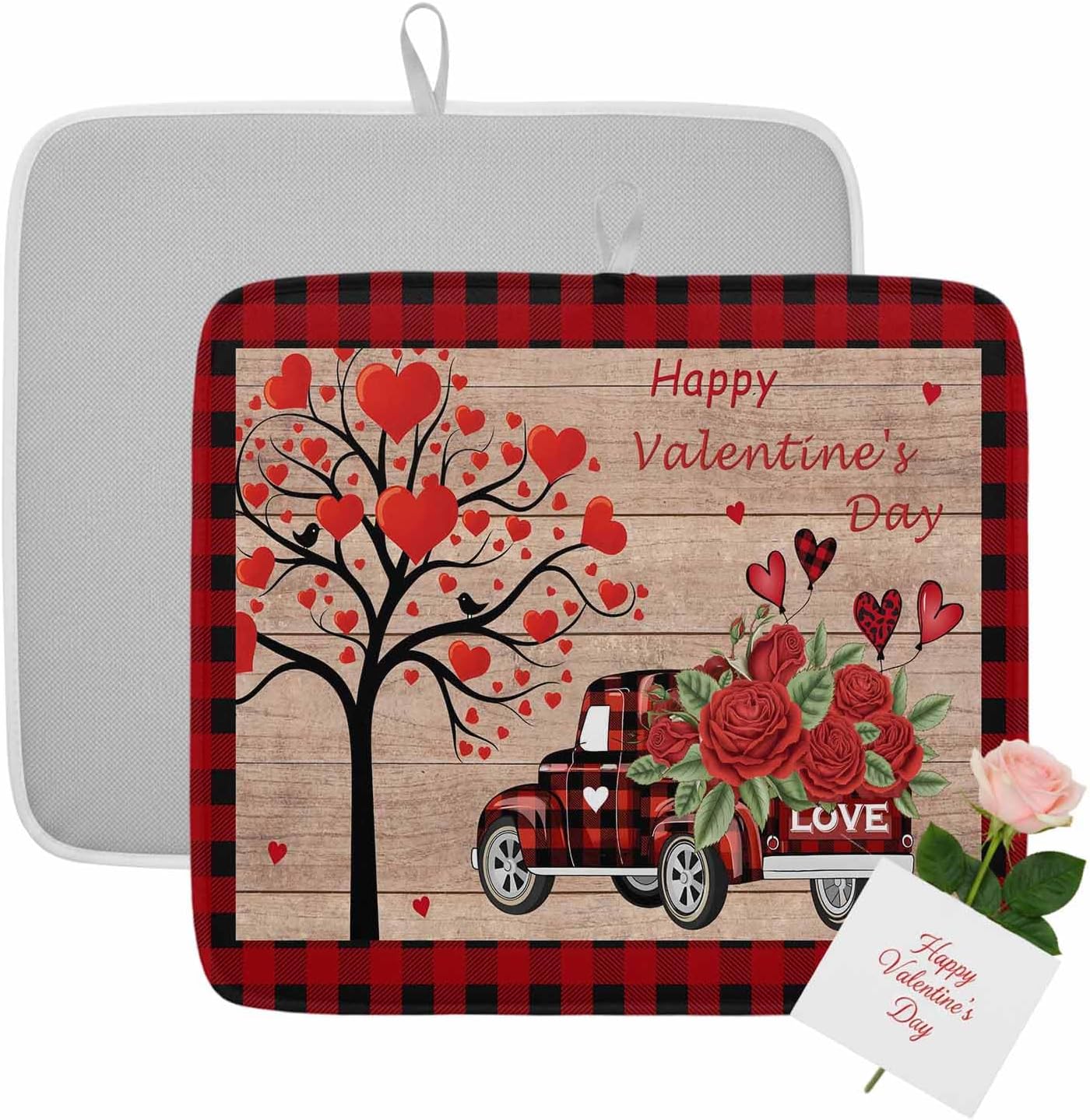 Valentine's Day Dish Drying Mat 2 Pack, Truck Red Rose Love Heart Tree Wood Grain Absorbent Heat Insulating Kitchen Drying Pad Drainer Mats for Sink Counter Pot Dishes 18 X 24 Inch