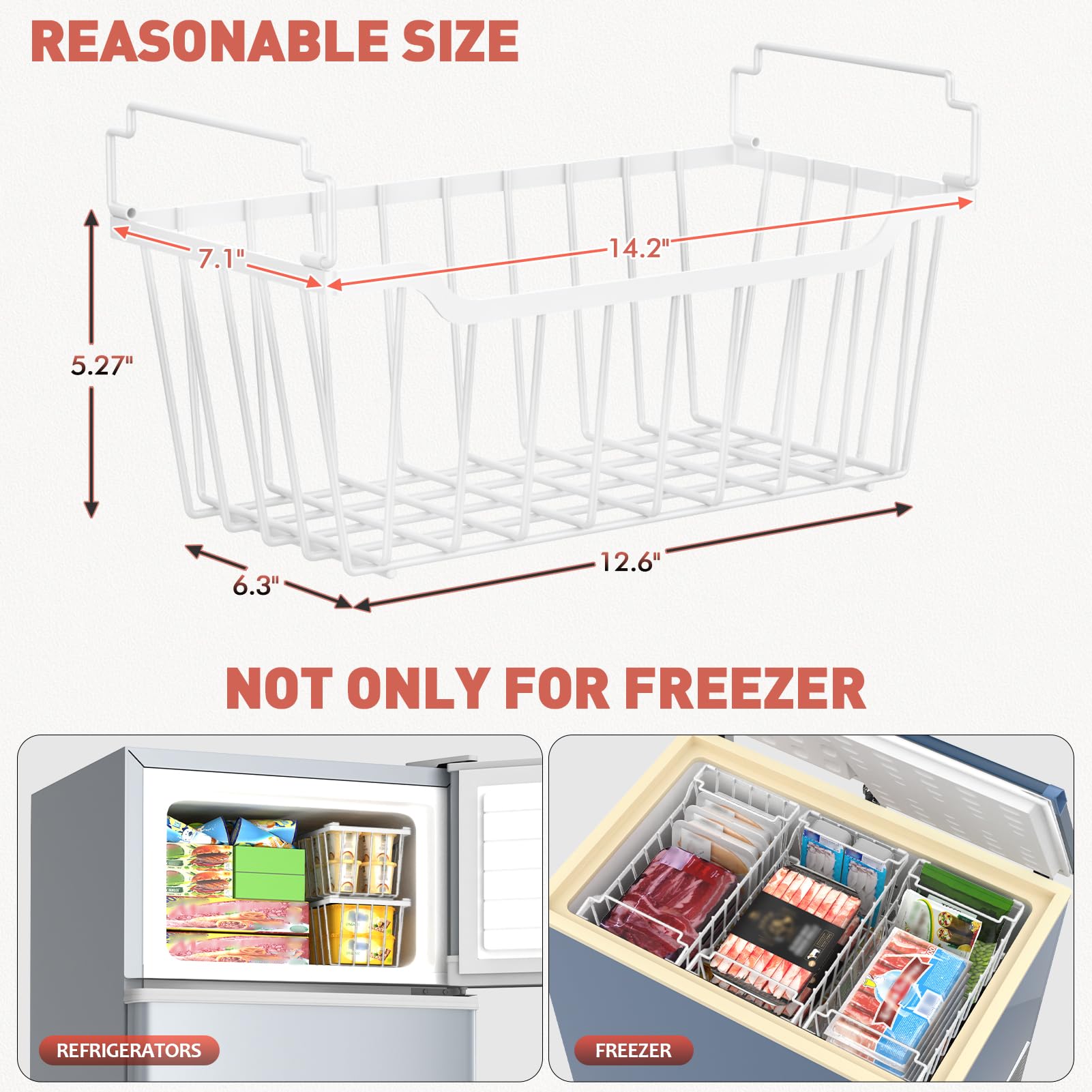 Goovilla Contenedores organizadores de congelador con asa plegable, paquete de 4 cestas apilables para congelador de 3.5 a 7 pies cúbicos de profundidad, contenedores de almacenamiento de metal blanco