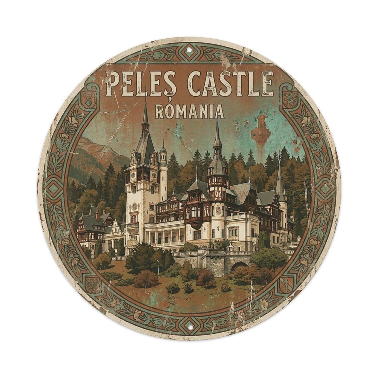 Yrnq 8X8inch Vintage Style Romania Vintage Travel Peles Castle Metal Tin Sign