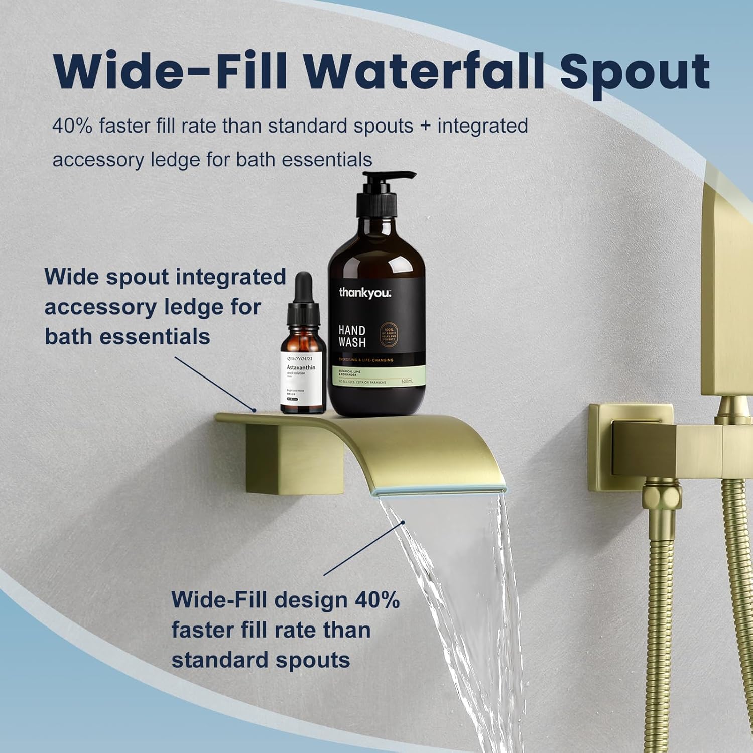 Wall Mount Waterfall Tub Faucet with Hand Shower,Roman Bathtub Tub Filler shower faucet set with Run all/alone Control Push-Button Diverter Solid Brass Pressure Balance Valve,Brushed Gold