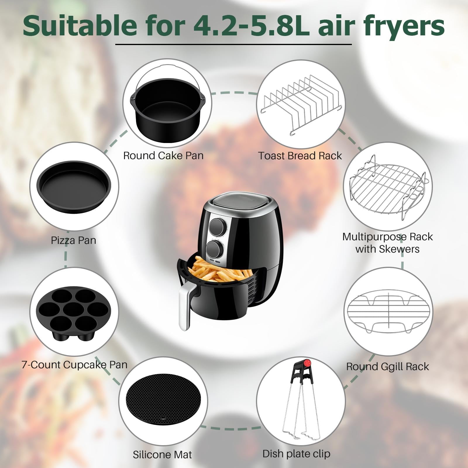 JiGiU Heißluftfritteuse Zubehör Set 13-IN-1 für 8 Zoll Airfryer Zubehörset BPA-Frei, geeignet für Luftfritteusen mit Durchmesser von über 20cm, inkl Kucheneimer Silikonmatte Backpapier uzw.