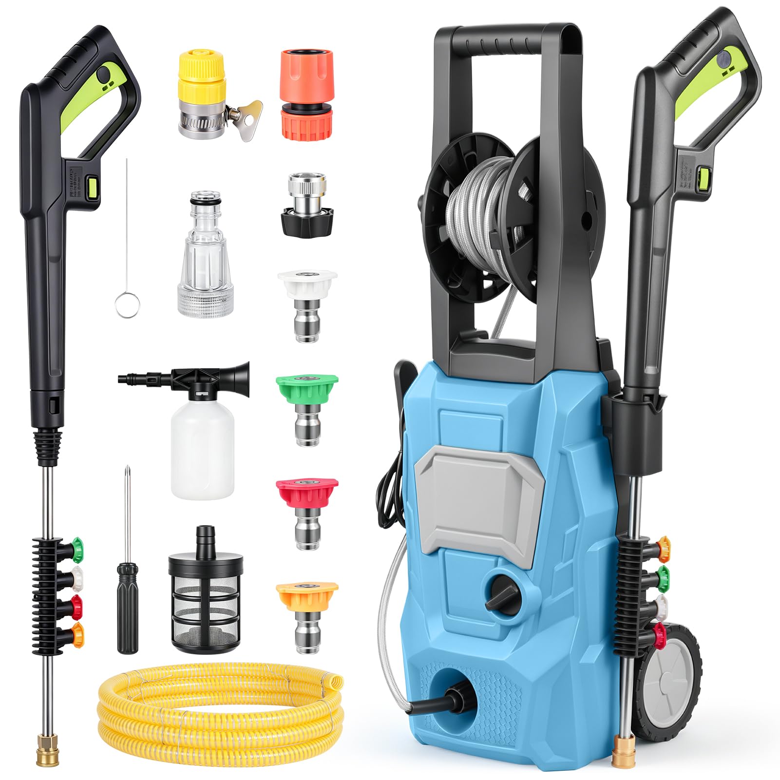 Papasbox 2200W Jet Wash, 200 Bar Working Pressure, 540L/h Flow Rate – High Pressure Washer with 4 Quick-Connect Nozzles, Foam Bottle & 33ft Hose – Perfect for Patios, Cars, Driveways & Garden.