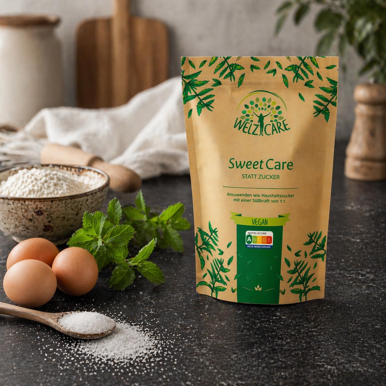 SweetCare statt Kristallzucker – Zuckerersatz – Vegan – mit Erythritol und Stevia – Made in EU - 1 x 1Kg