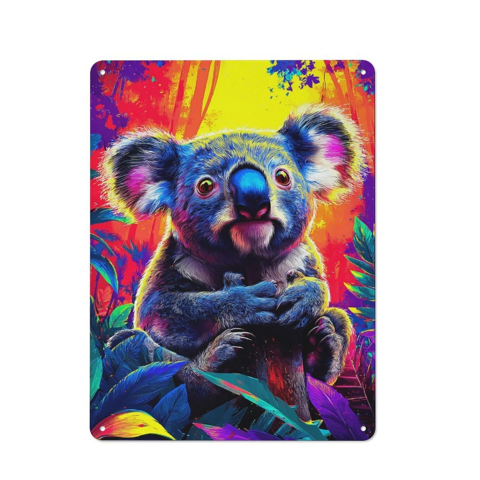 Junmoney Vibrant Koala In Colorful Forest Metal Wall Art Sign 40X30cm, Modern Retro Urban Room Decor For Modern Home, Workshop, Office Or Cafe