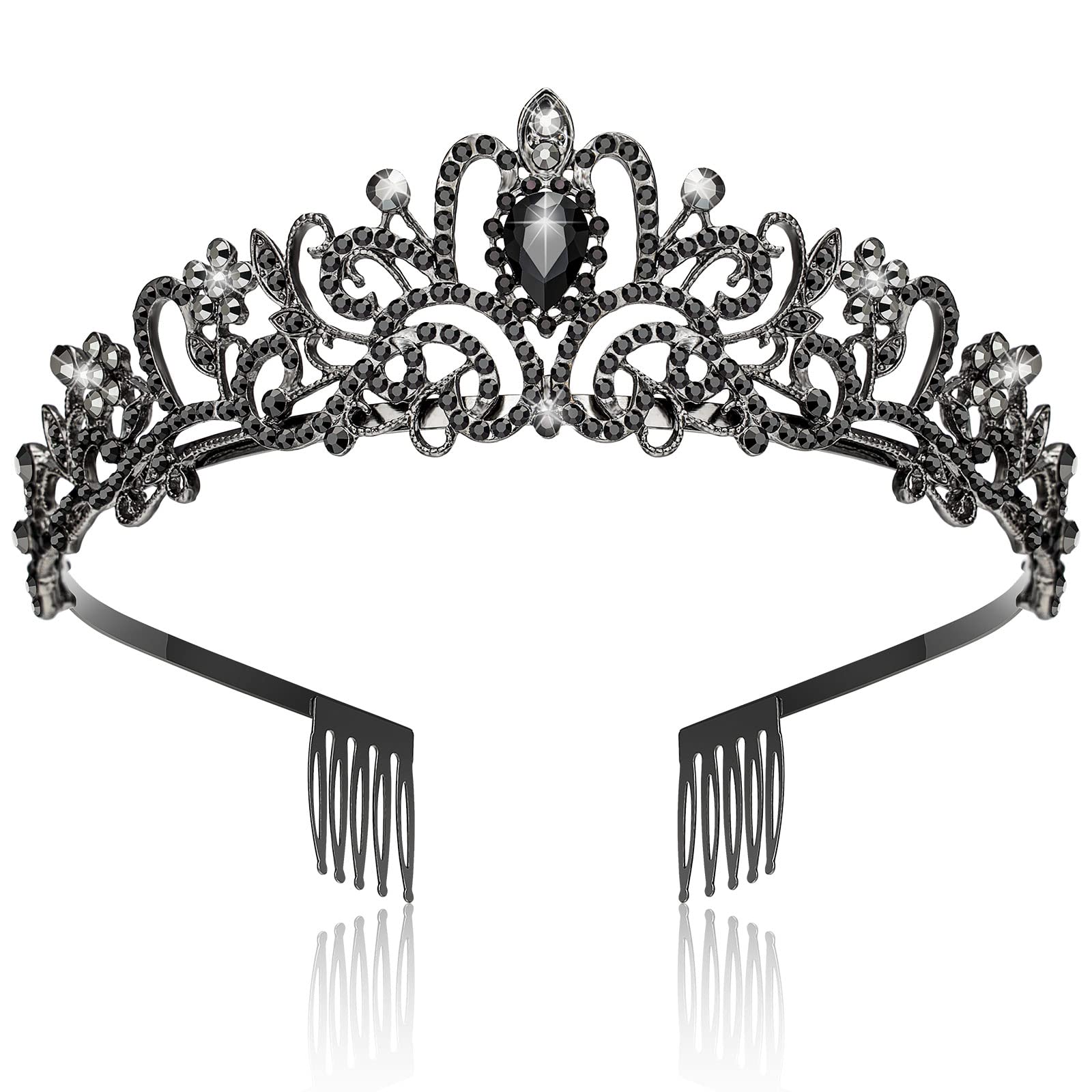 Makone Crystal Black Queen Crown and Tiaras with Comb Headband for Women and Girls, Princess Crowns Hair Accessories for Wedding Birthday Cosplay Christmas Gift(16 Black)