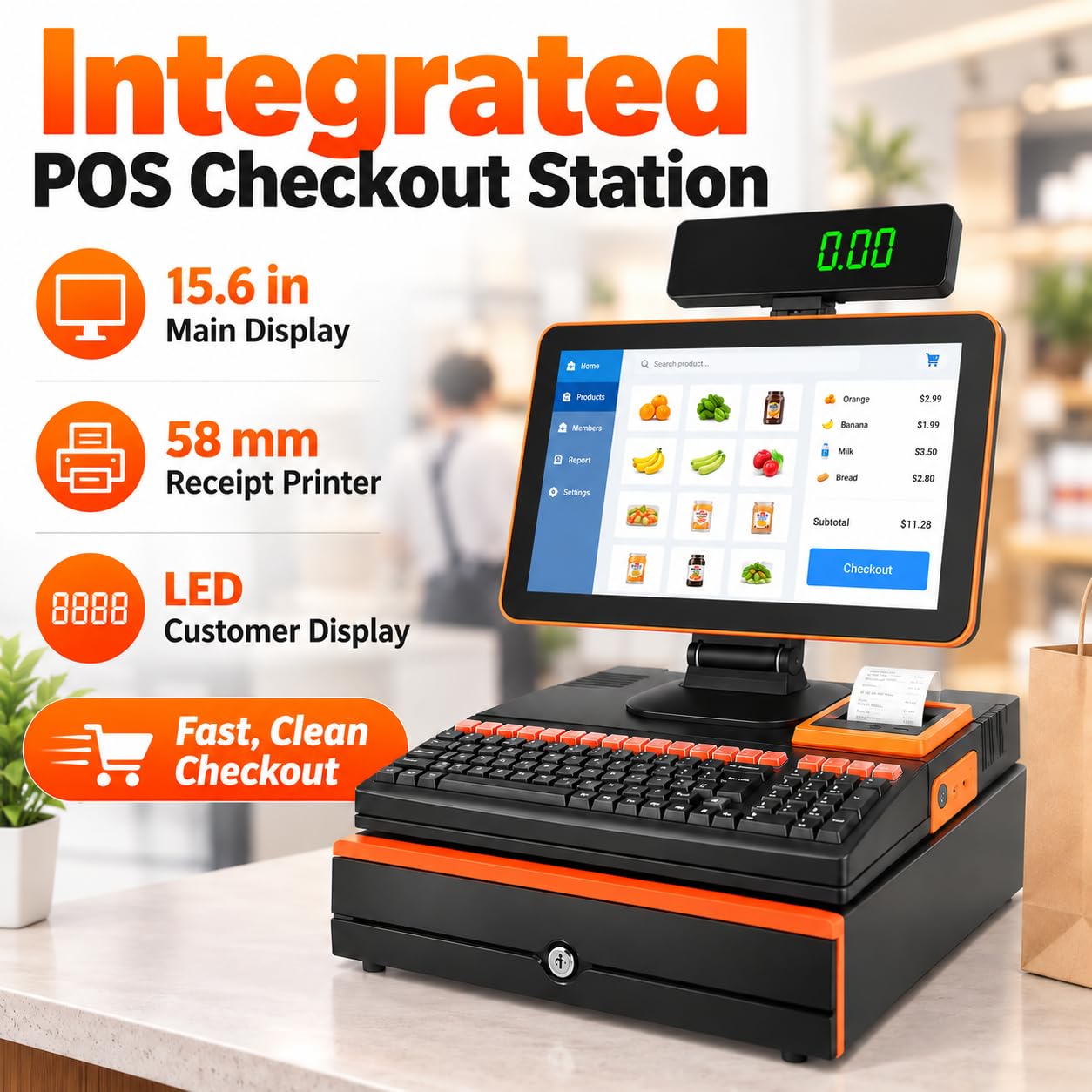 TsoLay Terminal De Punto De Venta Windows Cash Register, Pantalla Táctil De 15,6", Procesador I7, Cajón Portamonedas, 8 GB De Ram, 256 GB De Almacenamiento, Windows 10 para Blue