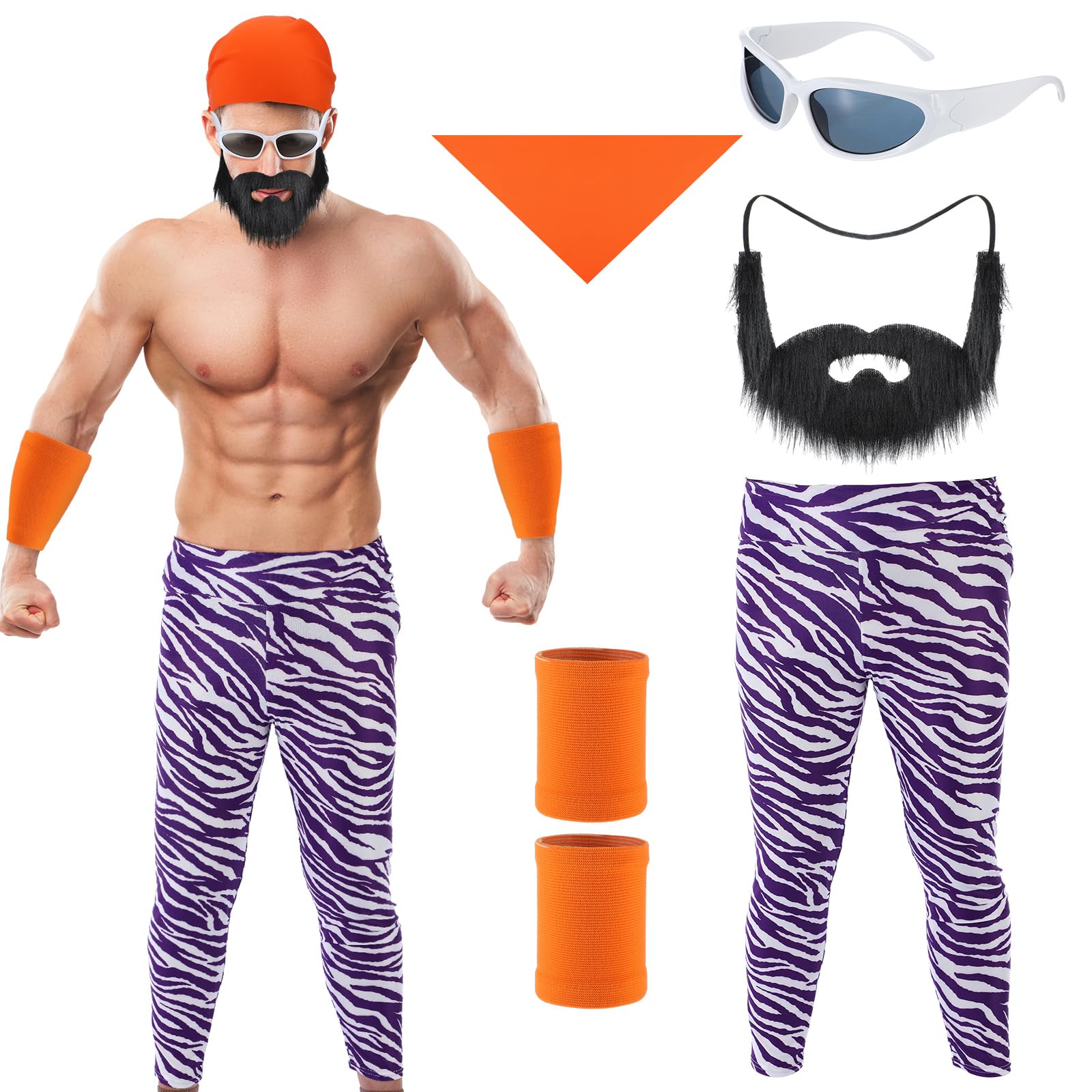 5 Pcs Halloween World Wrestling Costume for Men Tough Guy Wresting Outfit Set with Zebra Pants Headscarf Fake Beard Sunglasses for Adult Outfit Cosplay