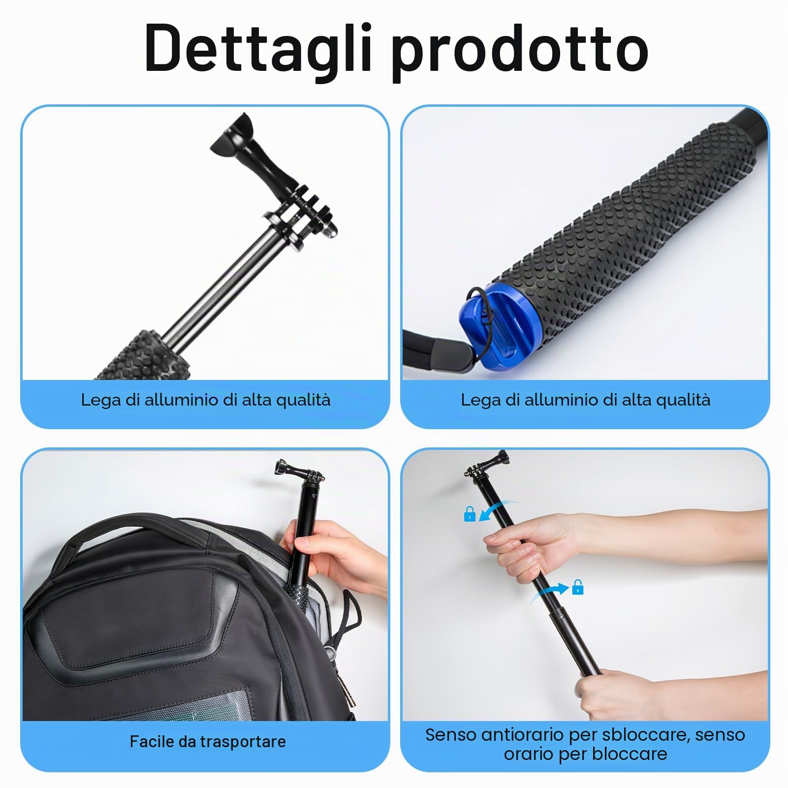 49CM Bastone Subacquea per GoPro, Bastone Selfie Telescopico Monopiede Allungabile Asta Impugnatura Selfie Stick per GoPro Hero 13/12/11/10/9/, per DJI, per Insta360 Ace Pro e altre Action Camera
