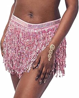 Falda de Baile de Lentejuelas para Mujer, Traje de Danza del Vientre, Borla Brillante, Flecos, Bufanda para la Cadera, cinturón Envolvente para la Cintura, Disfraz para niñas (Rosa)