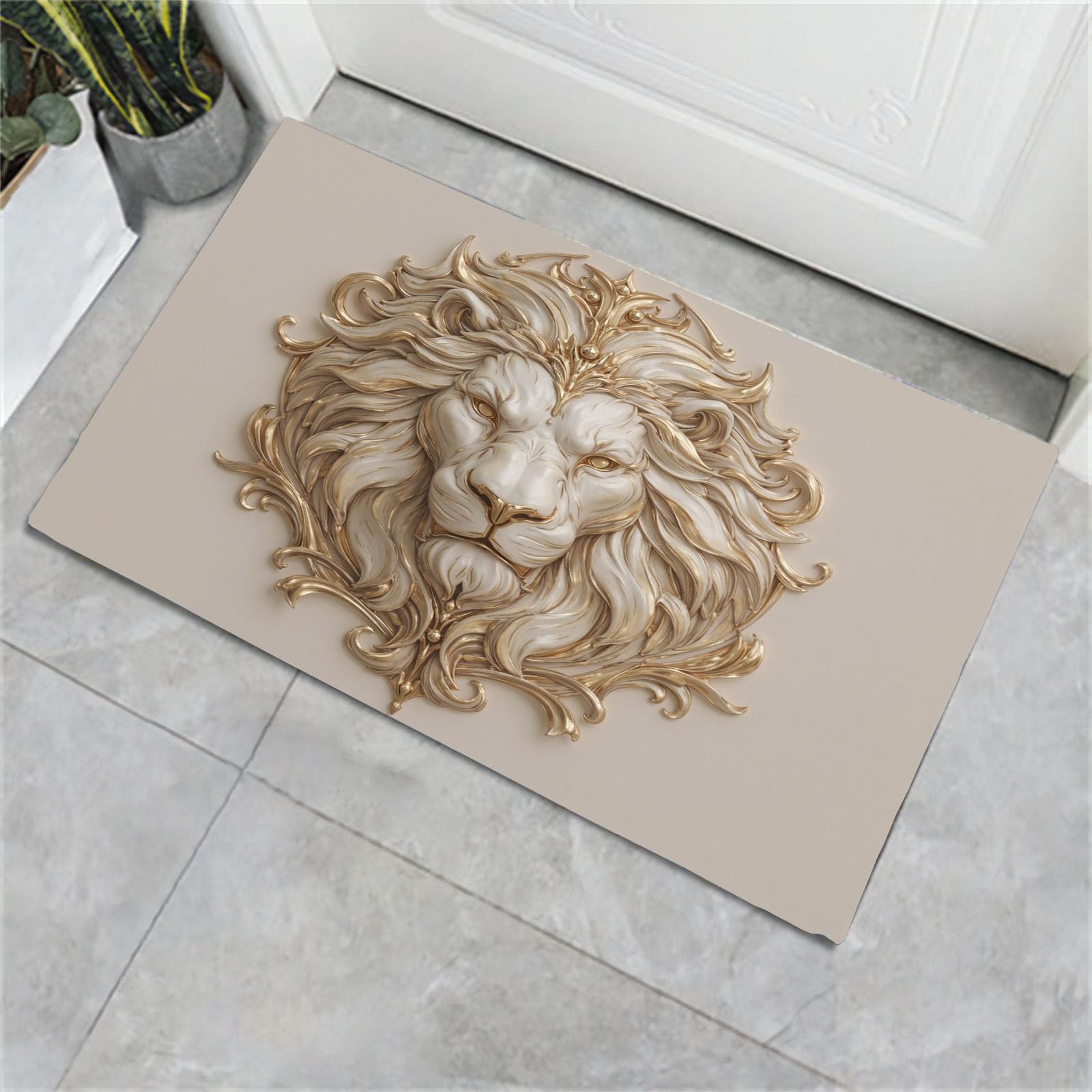 Paillasson lion en relief beige 80x120 cm lavable pour entrée et patio