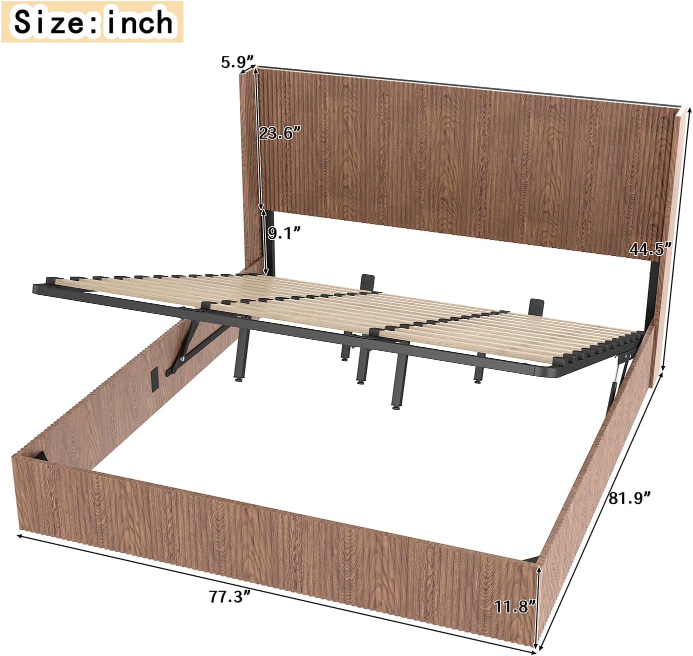 Natural King Size Storage Bed Frame, Lift Up Wood Platform Bed Frames with Hydraulic Lifting Storage Under, 44.5" Wingback Headboard, Metal Frame Slats Support, No Box Spring Needed (Natural, King)