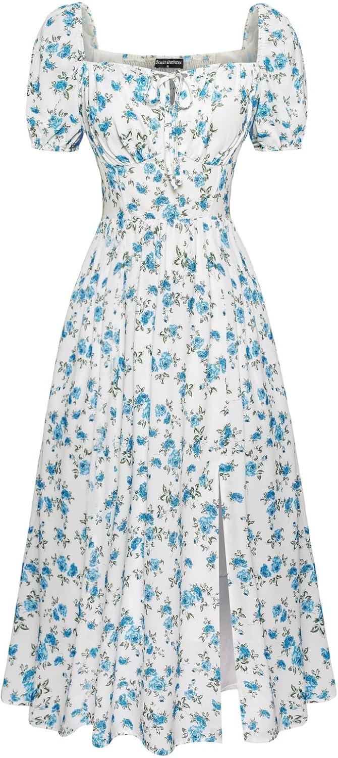 Scarlet Darkness Women's Floral Corset Dress with Split 2026 Summer Spring Square Neck Midi Milkmaid Dresses