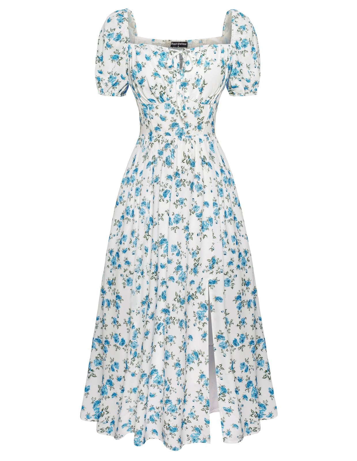 Scarlet Darkness Women's Floral Corset Dress with Split 2026 Summer Spring Square Neck Midi Milkmaid Dresses White Blue Floral S