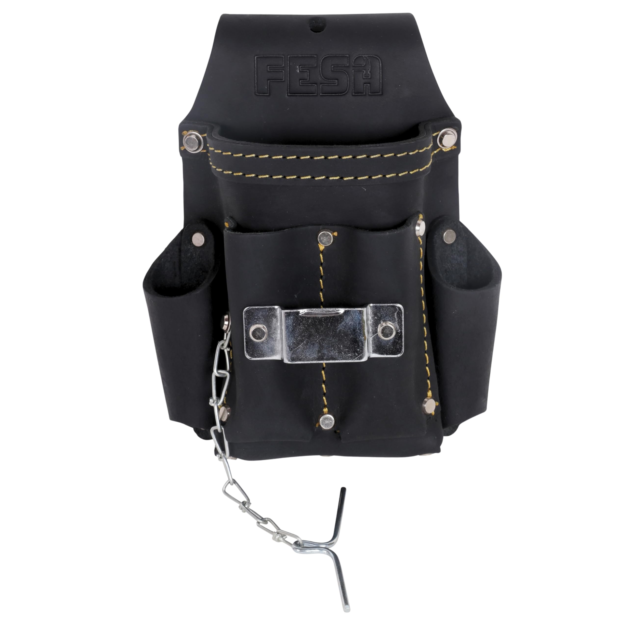 FESA Piccola borsa per attrezzi da elettricista, in pelle, 7 in 1, con metro a nastro in acciaio o clip per trapano, catena a T e 5 tasche, clip su qualsiasi cintura, realizzata a mano
