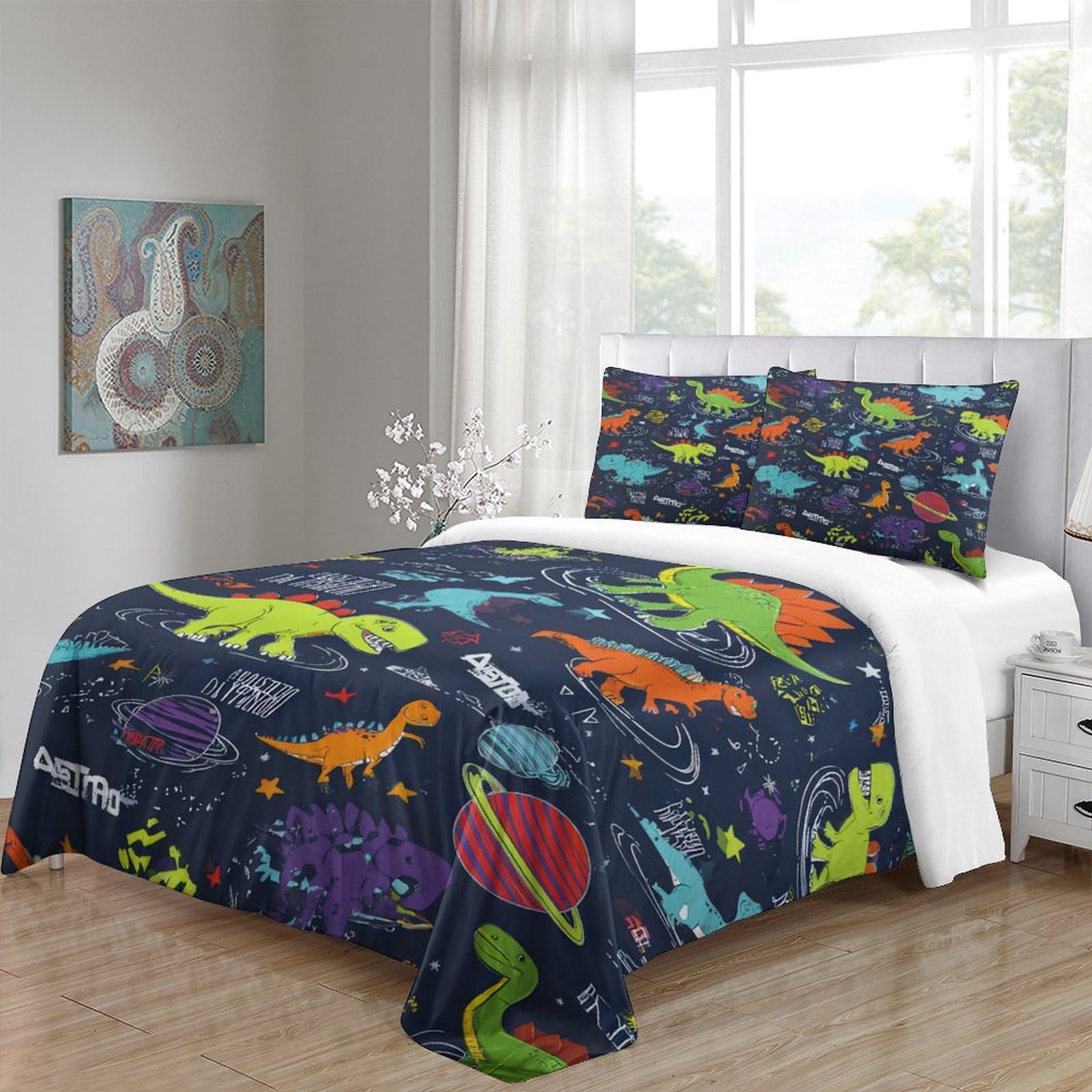 Dinosaurier Raum 3-teiliges Reines Polyester Cartoon Kinder Design Bettbezug, Versteckter Reißverschluss, Krippenbettwäsche, Babysicher & Pflegeleicht King（220x240cm）