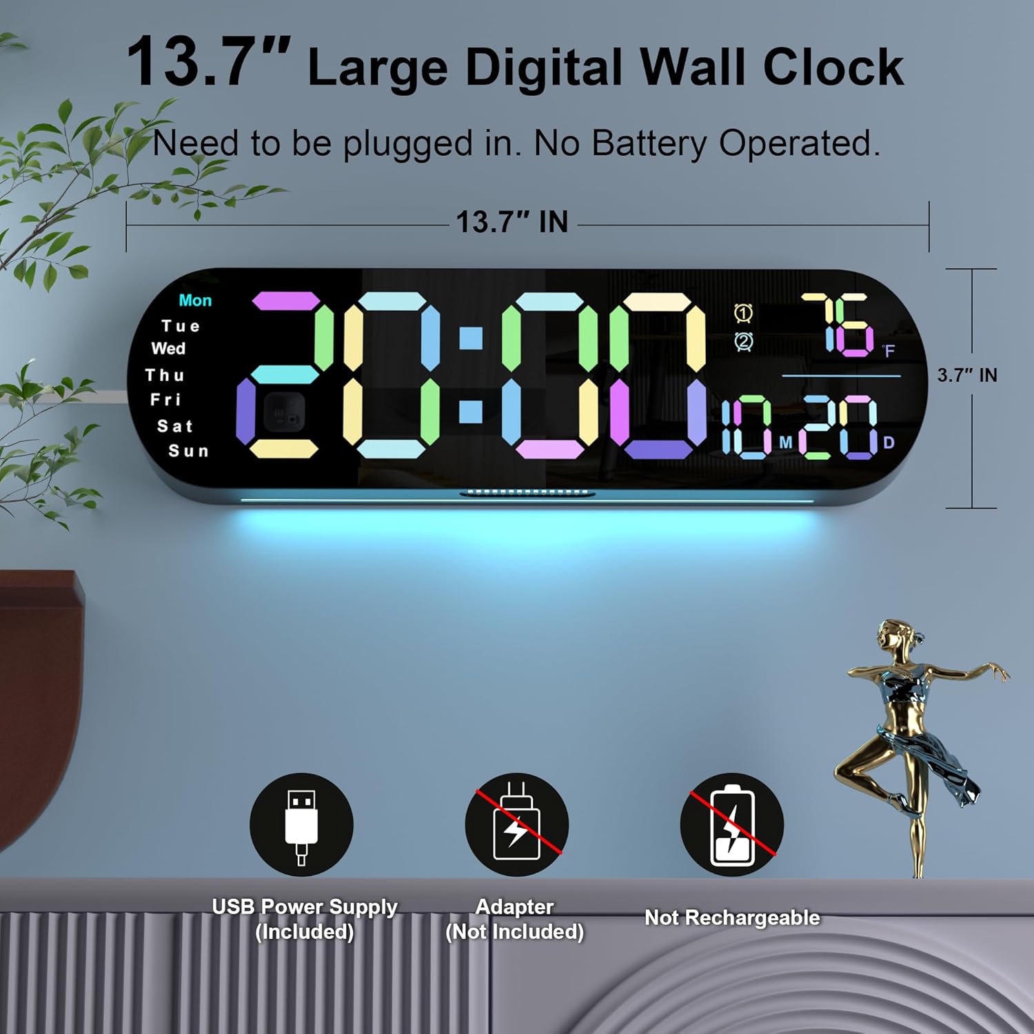 Digital Wall Clock with 13.7-Inch Display, Wall Clock with 9-Color Backlight, Remote Control, Dual Alarms, DST Mode, and Indoor Temperature, Modern Digital Clock