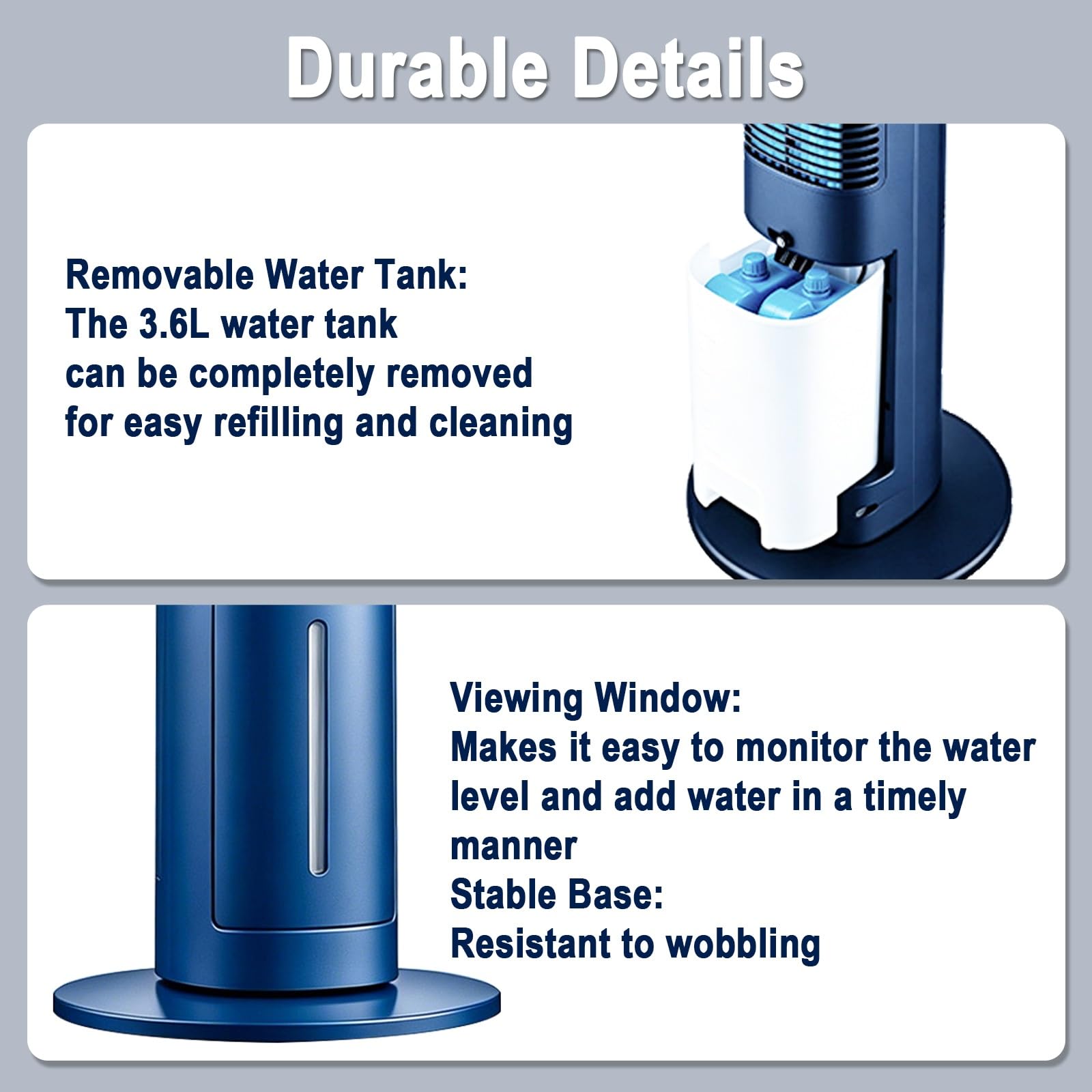 Ventilador Columna, Ventilador de Pie Silencioso, 30W, Oscilación de 80° | Ventiladores de Torre, 3 Velocidades, 3,6L, Refrigeración con Cristales de Hielo, para Hogar, Altura 100cm