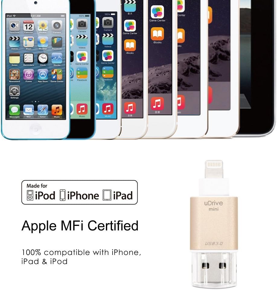 [Apple MFi Certified] USB 3.0 Flash Drive for iPhone iPad, GMYLE Mini External Storage Memory Expansion USB Stick with Lightning Connector (16GB) (Gold)