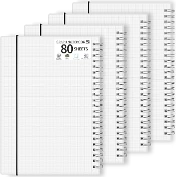 4 Pack Graph Paper Notebooks, A5 Spiral Notebook 5.7"x 8.2", 80 Sheets/160 Pages, Thick Paper with Plastic Cover, Hardcover Grid Notebook Journal for Office, Writing, Drawing