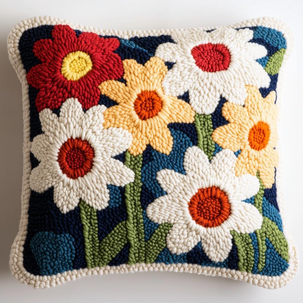 DIY Punch Needle Pillow Kit White Daisy Flowers with Pattern and Hoop Handmade Embroidery Punch Needle Starter Pillowcase Set for Home Sofa Decor 43x43cm-1-3