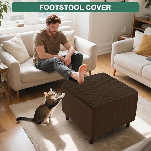 Miniatura 2 de Funda otomana acolchada impermeable para reposapiés, funda protectora de taburete con cordones antideslizantes (café, rectangular L26-29, W18-21