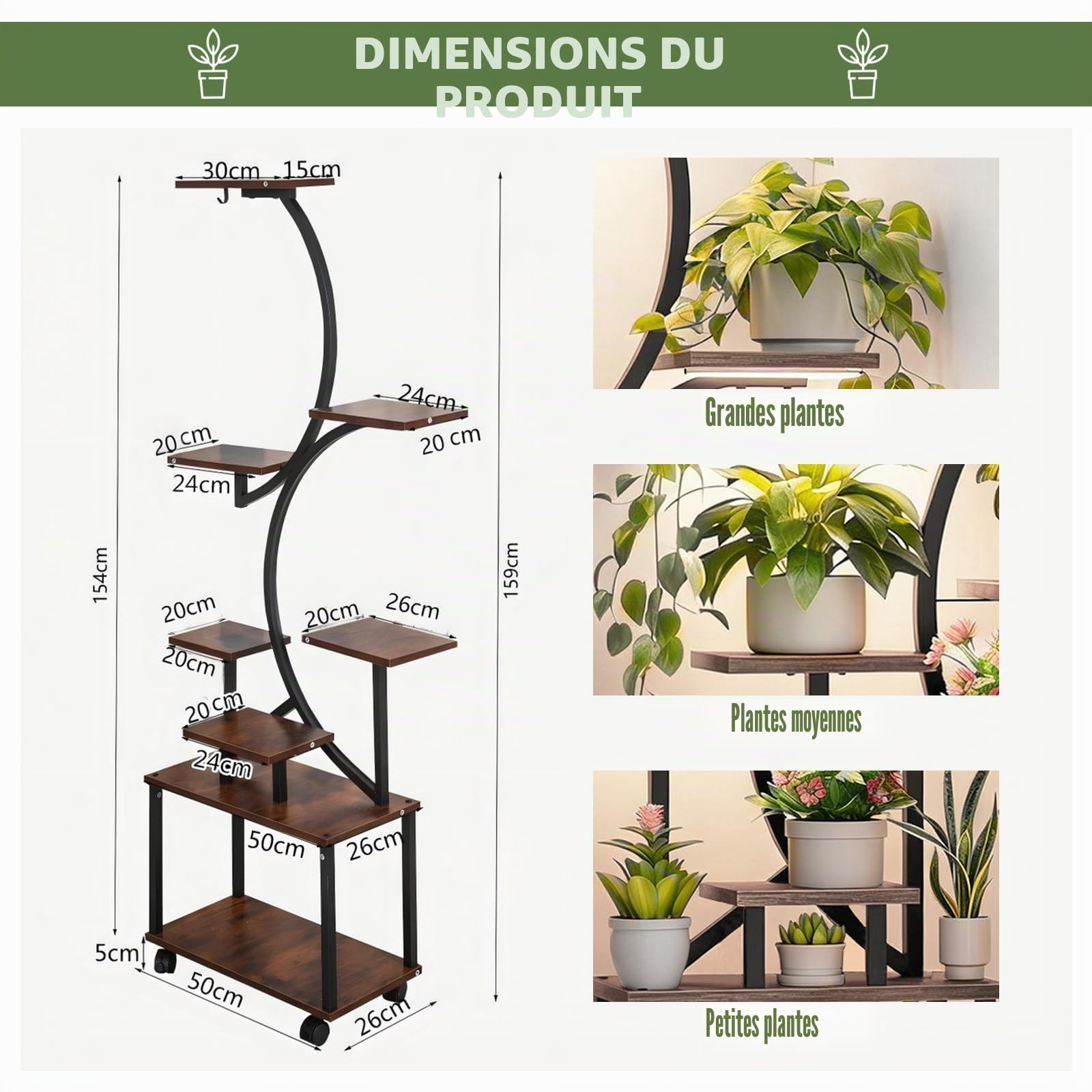 Support Plantes Interieur avec Roulettes, Porte Plante Intérieur Avec lampes de croissance, pour jardin, balcon, bureau