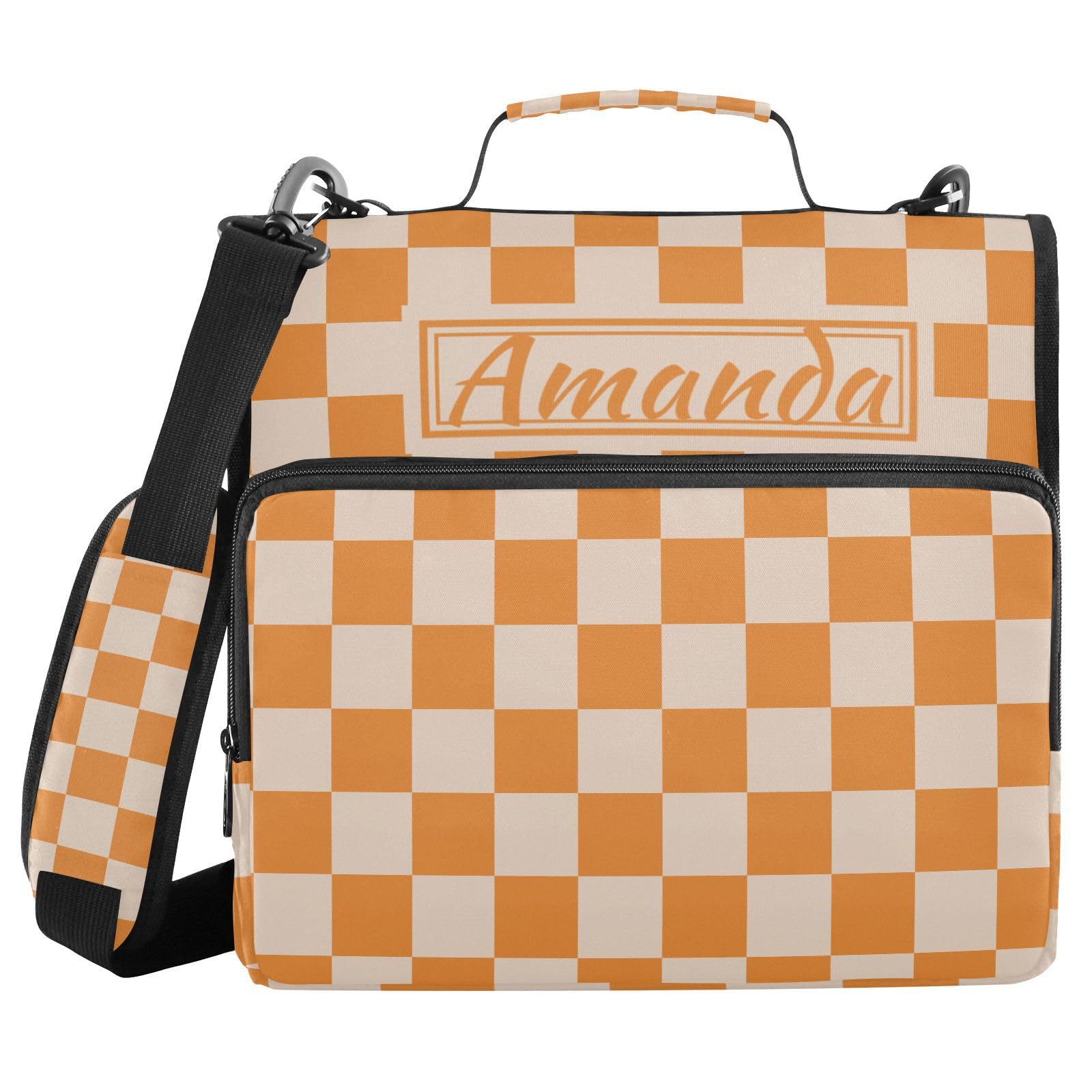 Custom 3 Ring Zipper Binder Orange Checkerboard Personalized Name 1.5 inch Binders Large Capacity Multi Pockets for School Office Supplies