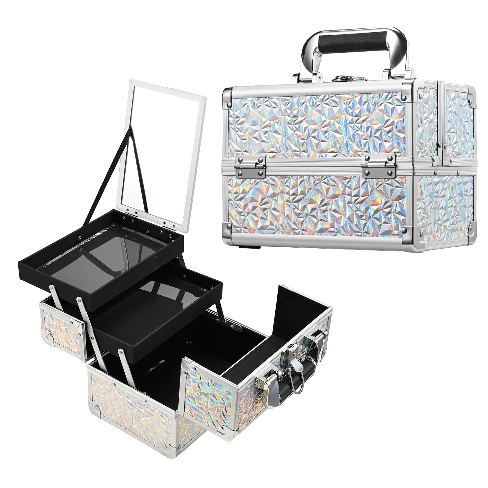 Joligrace Vanity Case - Scatola per trucchi e cosmetici, organizer per trucchi e gioielli, con specchio, chiudibile a chiave, Argento brillante, argento