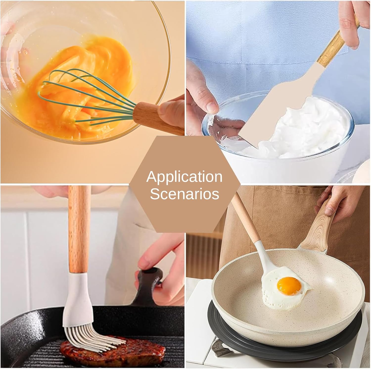 Custom Engraved Name Kitchen Utensils 4 Piece Set with Gift Box, Personalized Text Wooden Handle Silicone Spatula for Baking, Cooking, BBQ - Ideal Wedding, Birthday, Corporate Gift for Home Chefs