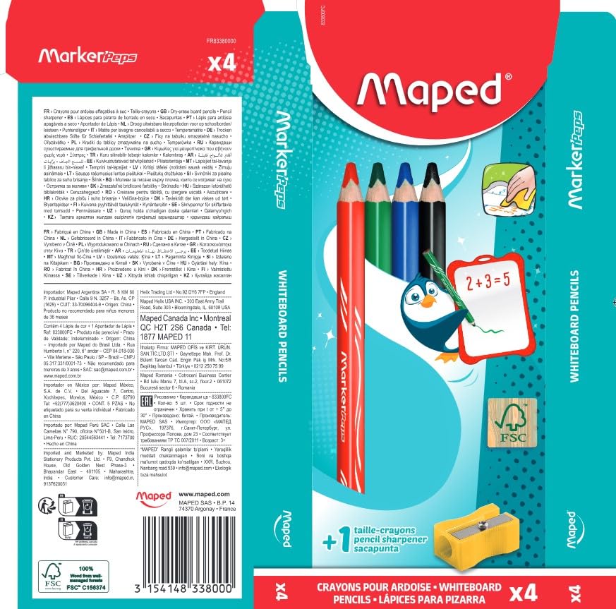 Maped Wooden Dry Erase Whiteboard Pencils x4 Assorted Colours and Sharpener, Jumbo Pencils, Triangular Barrel, FSC Wood - Image 4