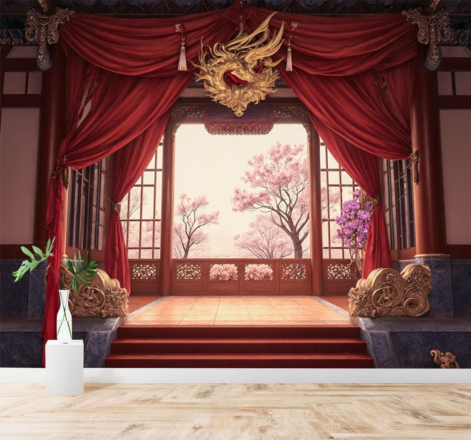 XLMING Classical Palace Style Red Curtains Cherry Blossoms Garden Scenery 3D Wallpaper Premium Textured Silk Study Dining Living Room Bedroom Sofa TV Wall Easy Install-430cm×300cm