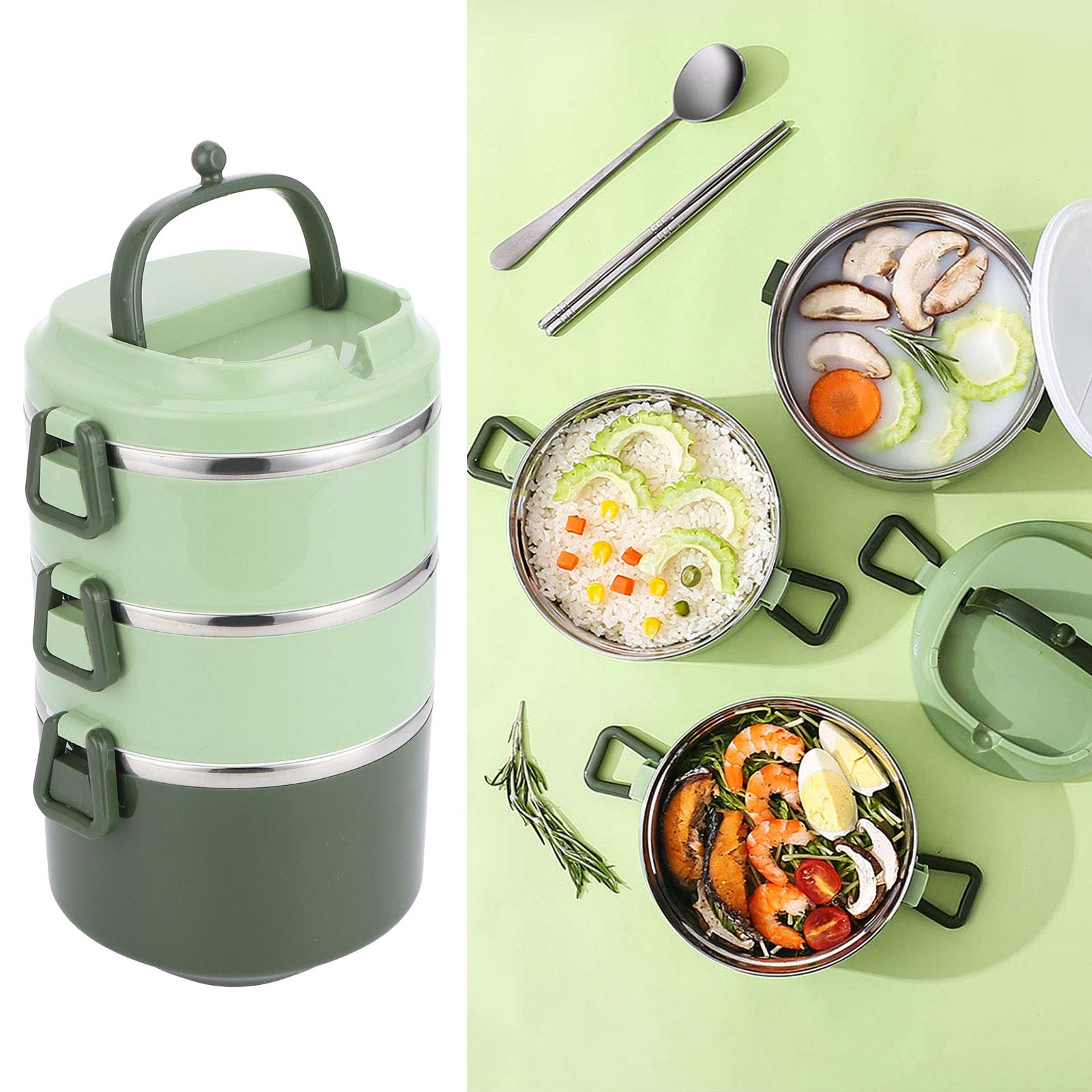 Termos na gor?ce jedzenie, pude?ko na lunch, pojemnik na ?ywno??, 304 szczelne okr?g?e pude?ko bento ze stali nierdzewnej do pracy, wn?ki, sportu, kempingu, piknik車w i podr車?y(three layers of green)