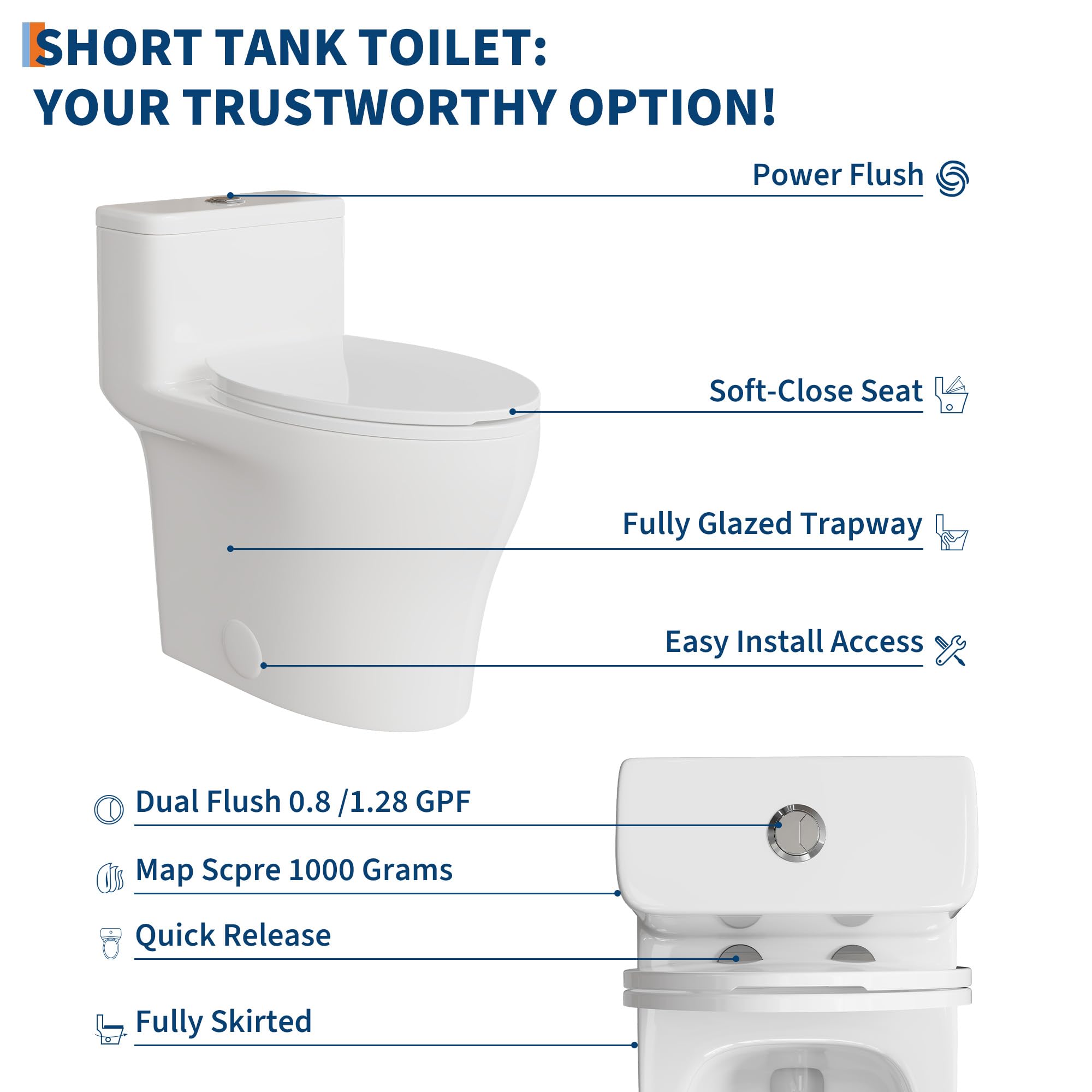 ADA Toilette monobloc allongée, hauteur confortable et siège à fermeture amortie, double chasse d'eau 0,8/1,28 GPF, MAP 1000 g, blanc moderne