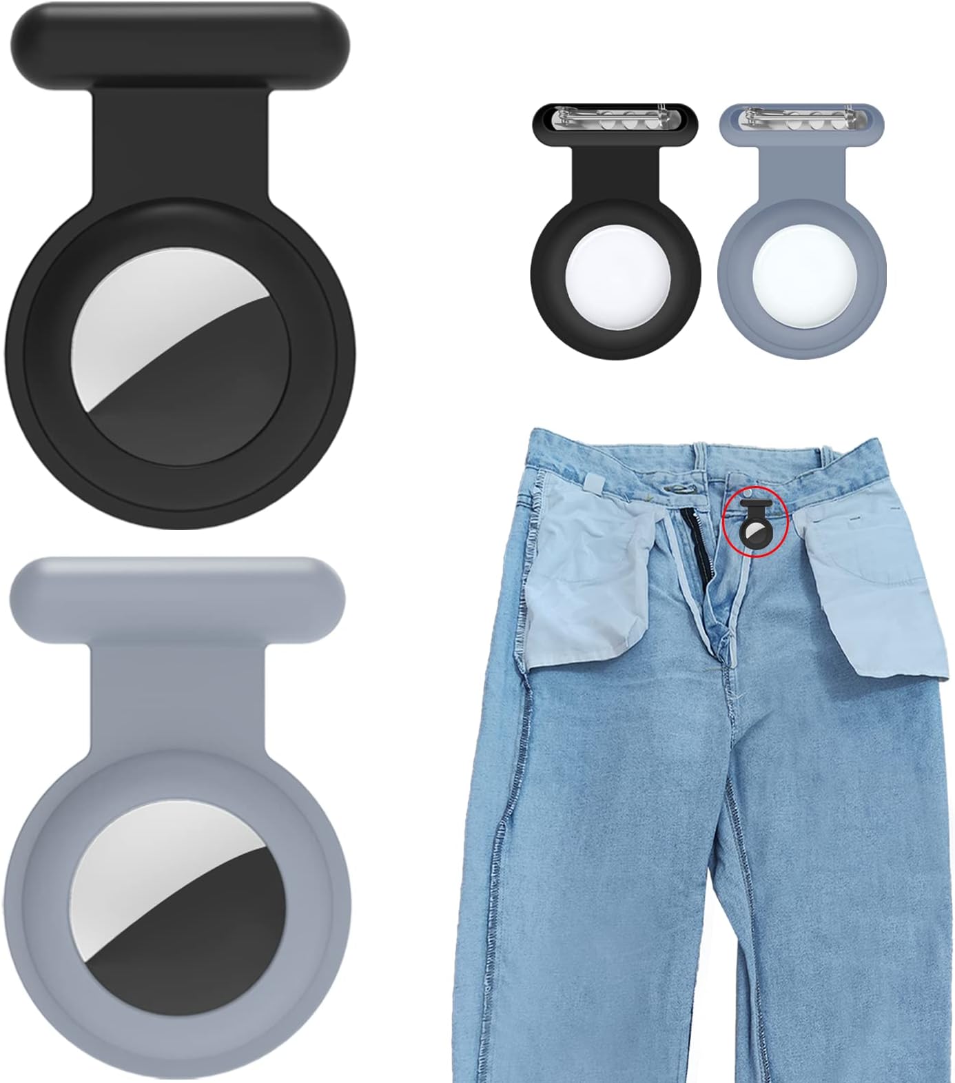 2 Pack Holder Case Compatible for Airtag Tracker, Silicone Hidden GPS Kid Airtag Holder with Invisible Pin, Anti Lost Case Cover for Apple Air Tag for Toddlers, Elderly, Pet, Clothing(Black and Grey)