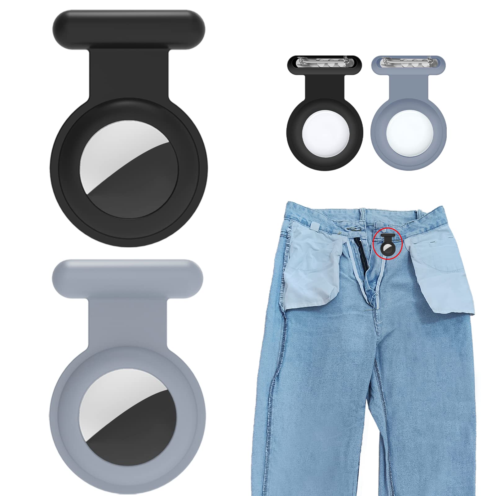 2 Pack Holder Case Compatible for Airtag Tracker, Silicone Hidden GPS Kid Airtag Holder with Invisible Pin, Anti Lost Apple Air Tag Case Cover for Toddlers, Elderly, Pet, Clothing(Black and Grey)